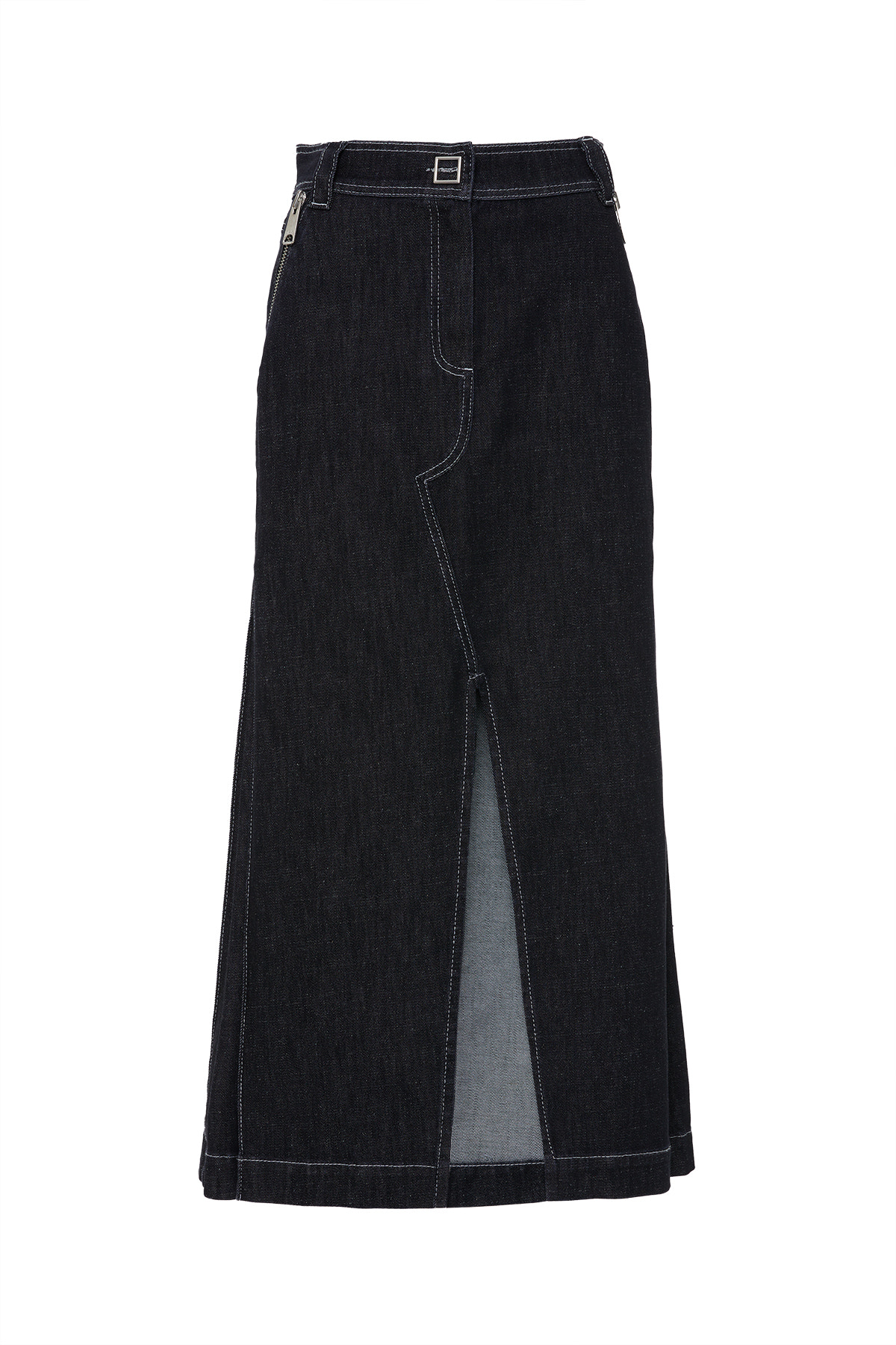 Fermuarlı Cep Detaylı Önü Yırtmaçlı Midi Boy Jean Etek