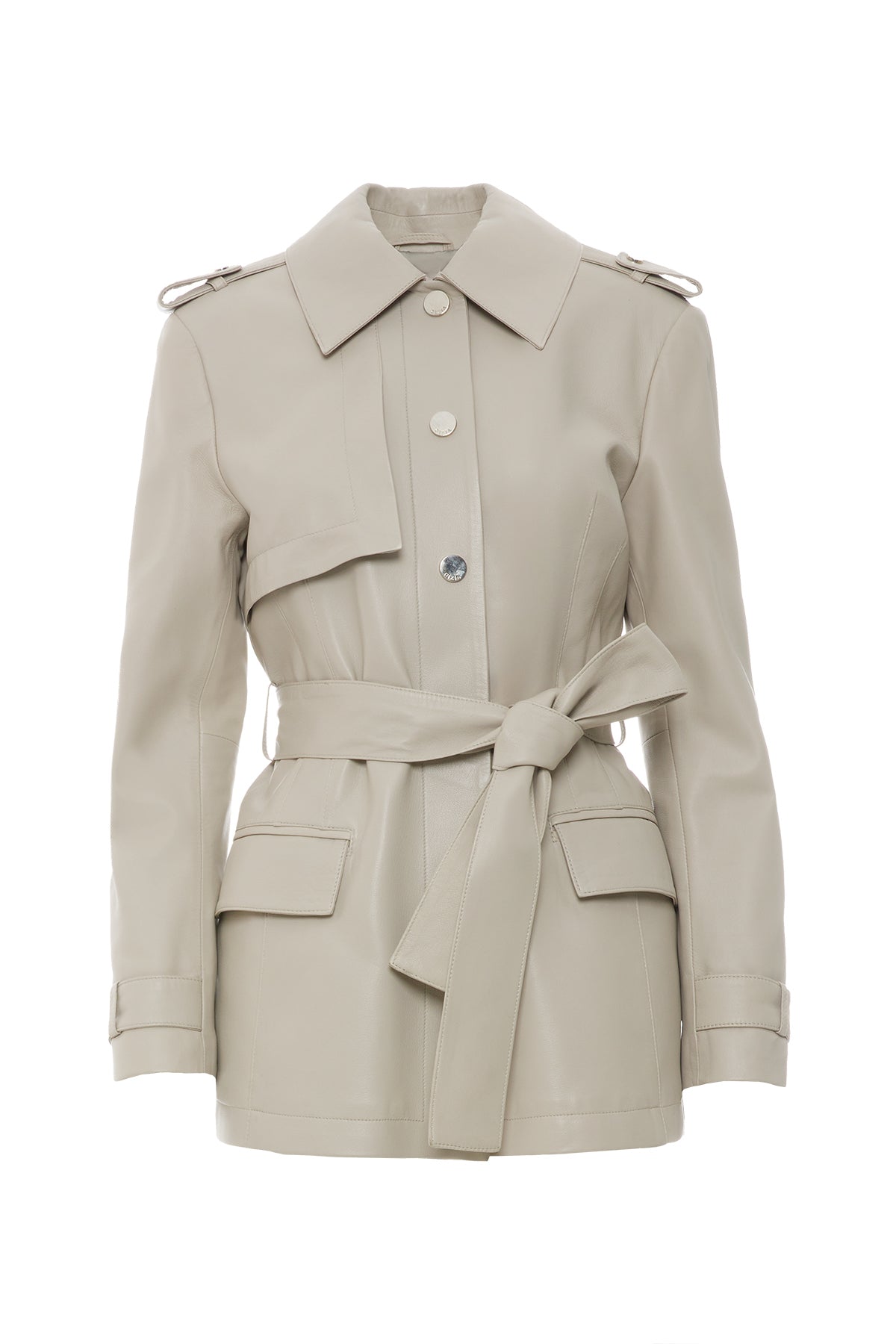 Omuz Apolet Detaylı Kuşaklı Yırtmaçlı Deri Ceket