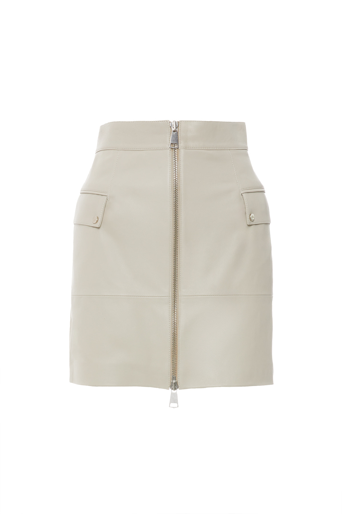 Cep Kapak Detaylı Önden Fermuarlı Deri Etek