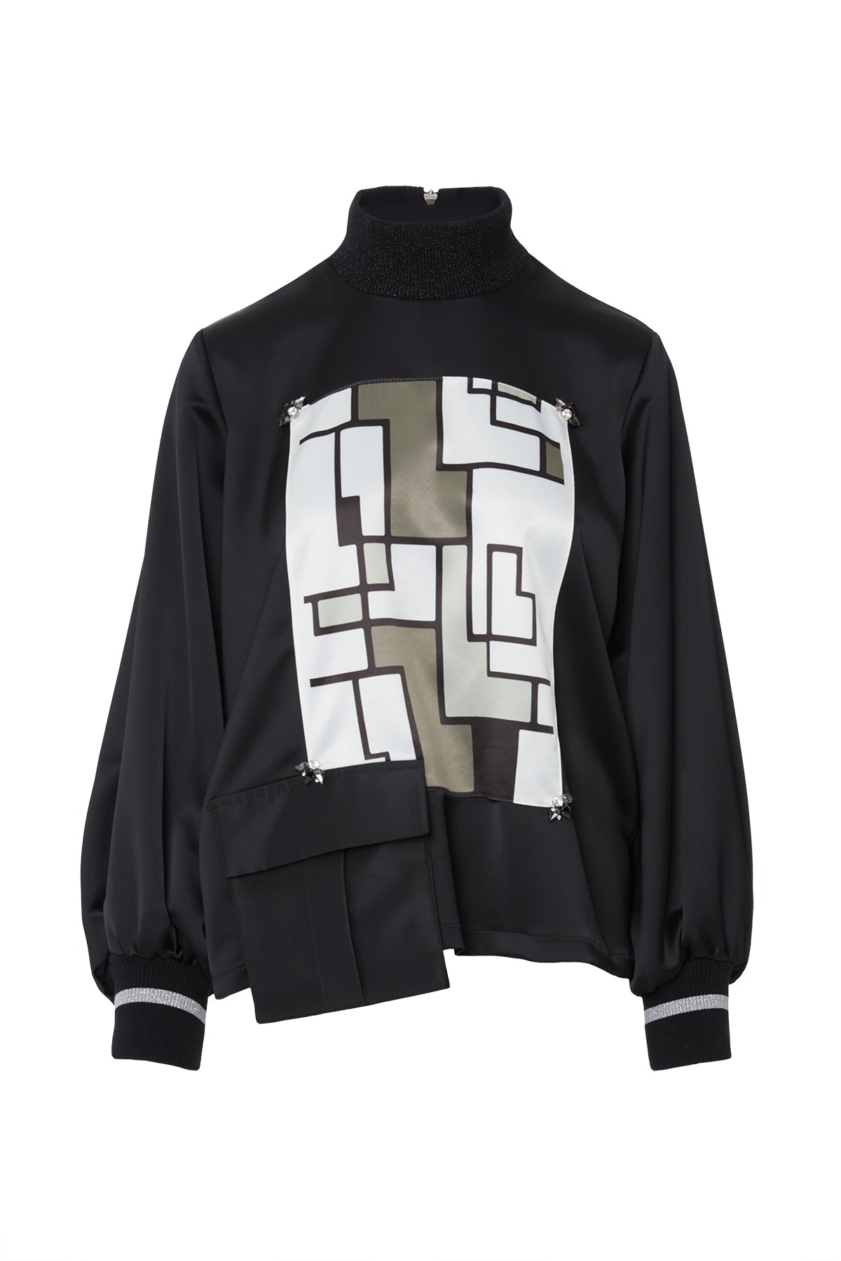 Ön Özel Desen Triko Bantlı Dik Yaka Bluz