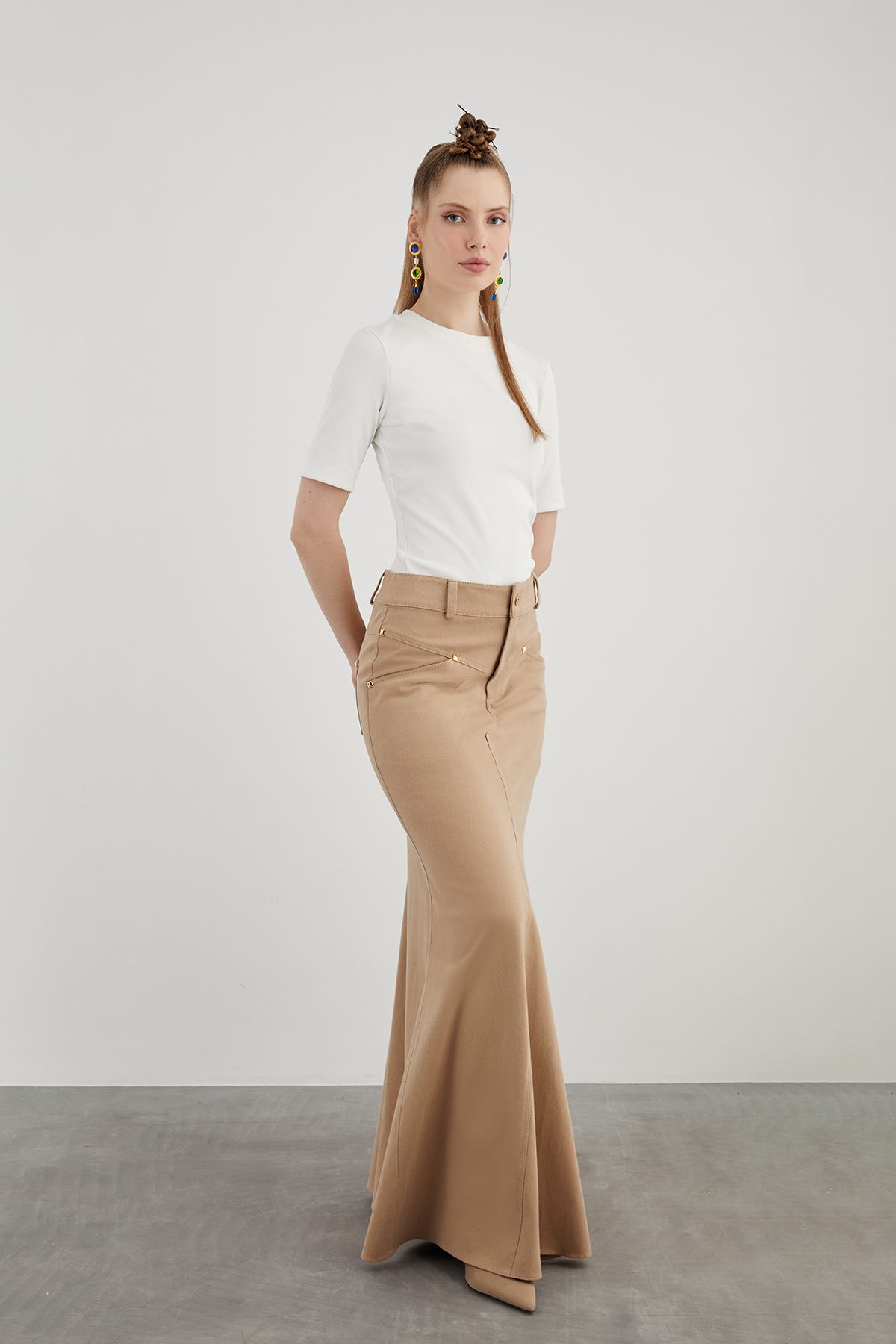 Pelerinli Cepli Detaylı Uzun Etek