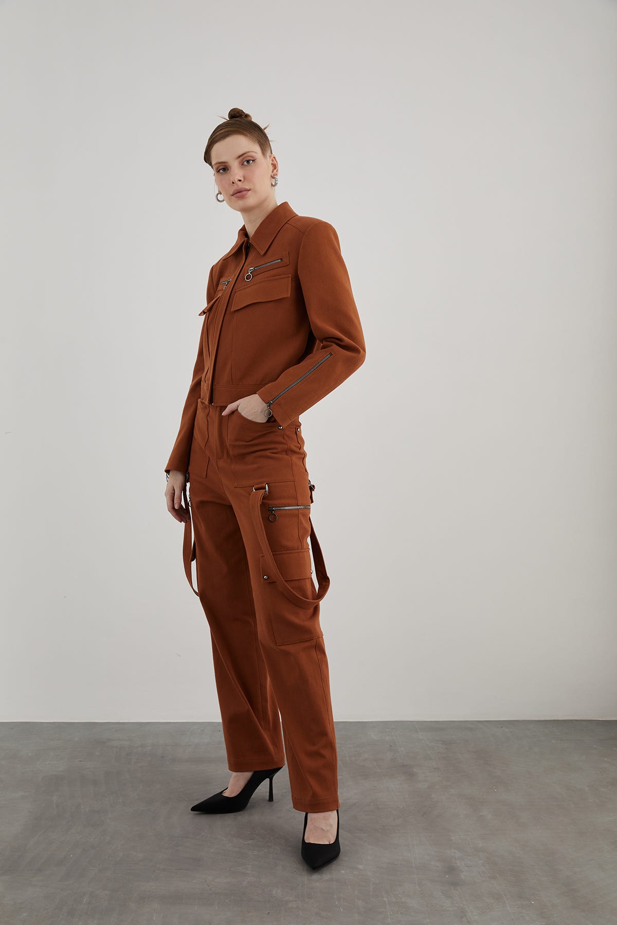 Cep Ve Fermuar Detaylı Taba Spor Ceket