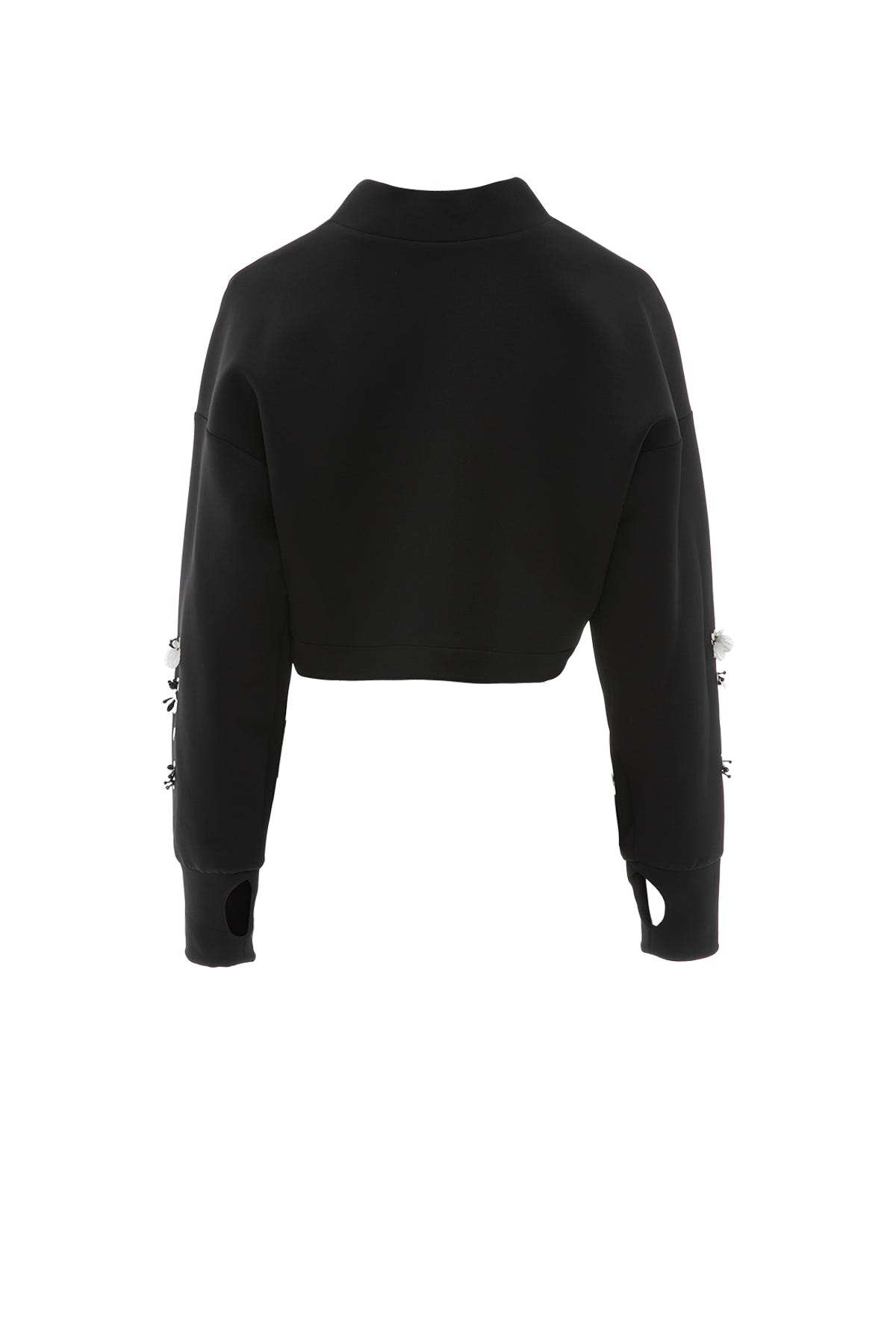 Pencereli Manşet Detaylı Kolu İşlemeli Dik Yaka Kısa Bluz