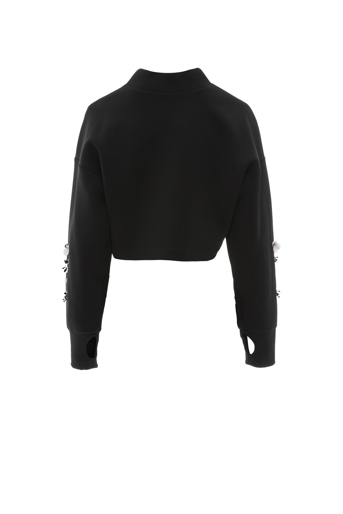 Pencereli Manşet Detaylı Kolu İşlemeli Dik Yaka Kısa Bluz