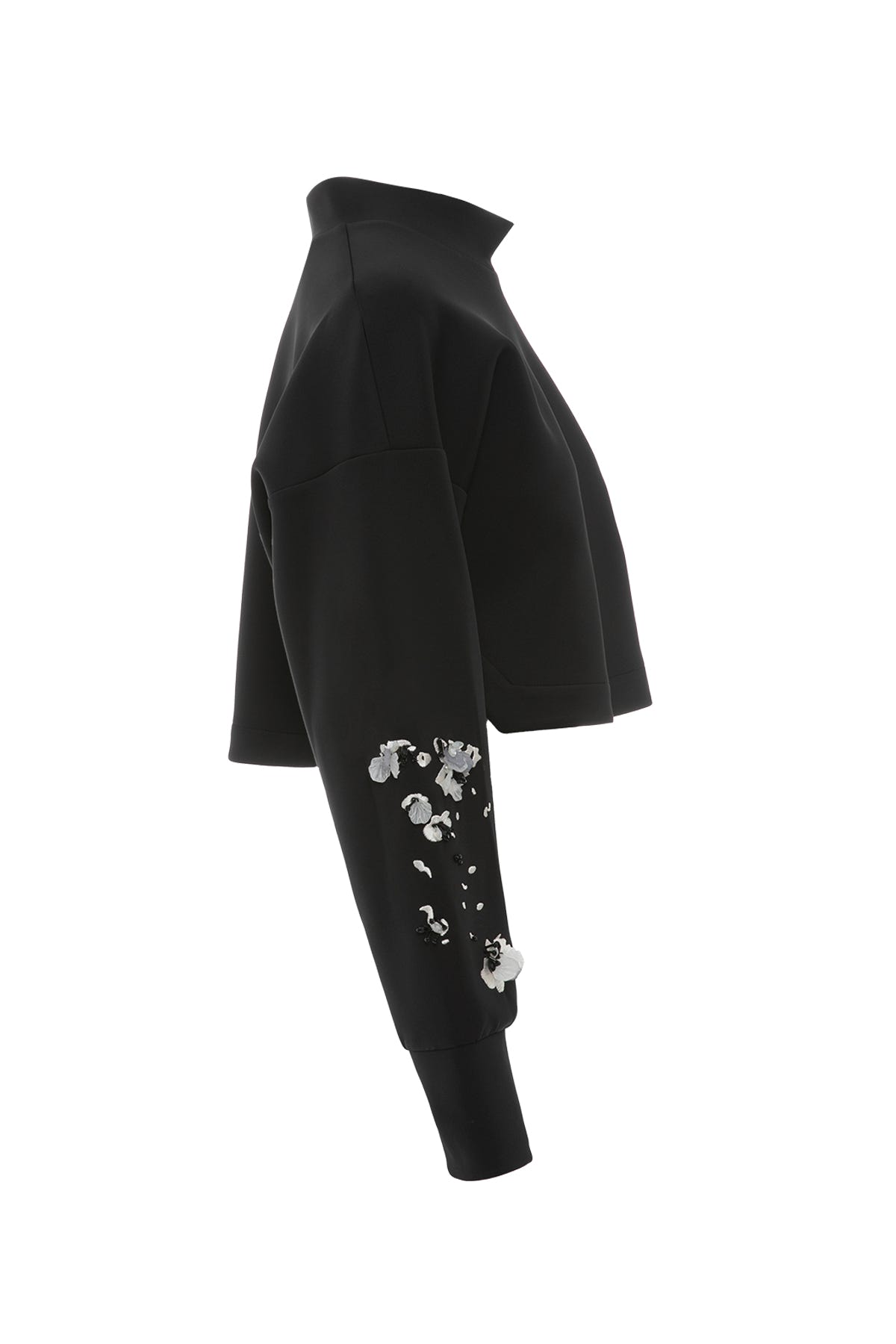 Pencereli Manşet Detaylı Kolu İşlemeli Dik Yaka Kısa Bluz