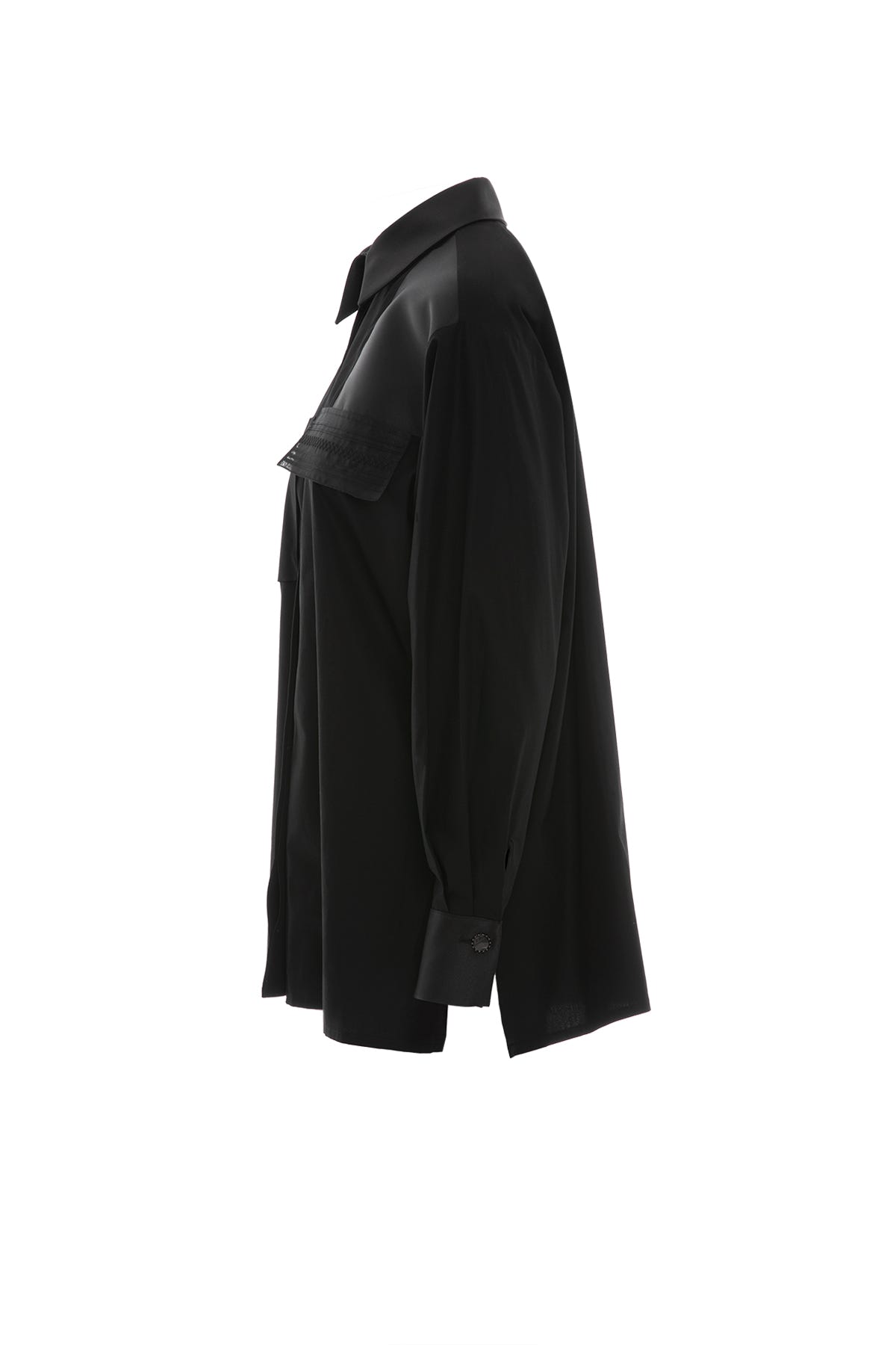 Cep Kapağı Nervür Detaylı Uzun Siyah Poplin Gömlek