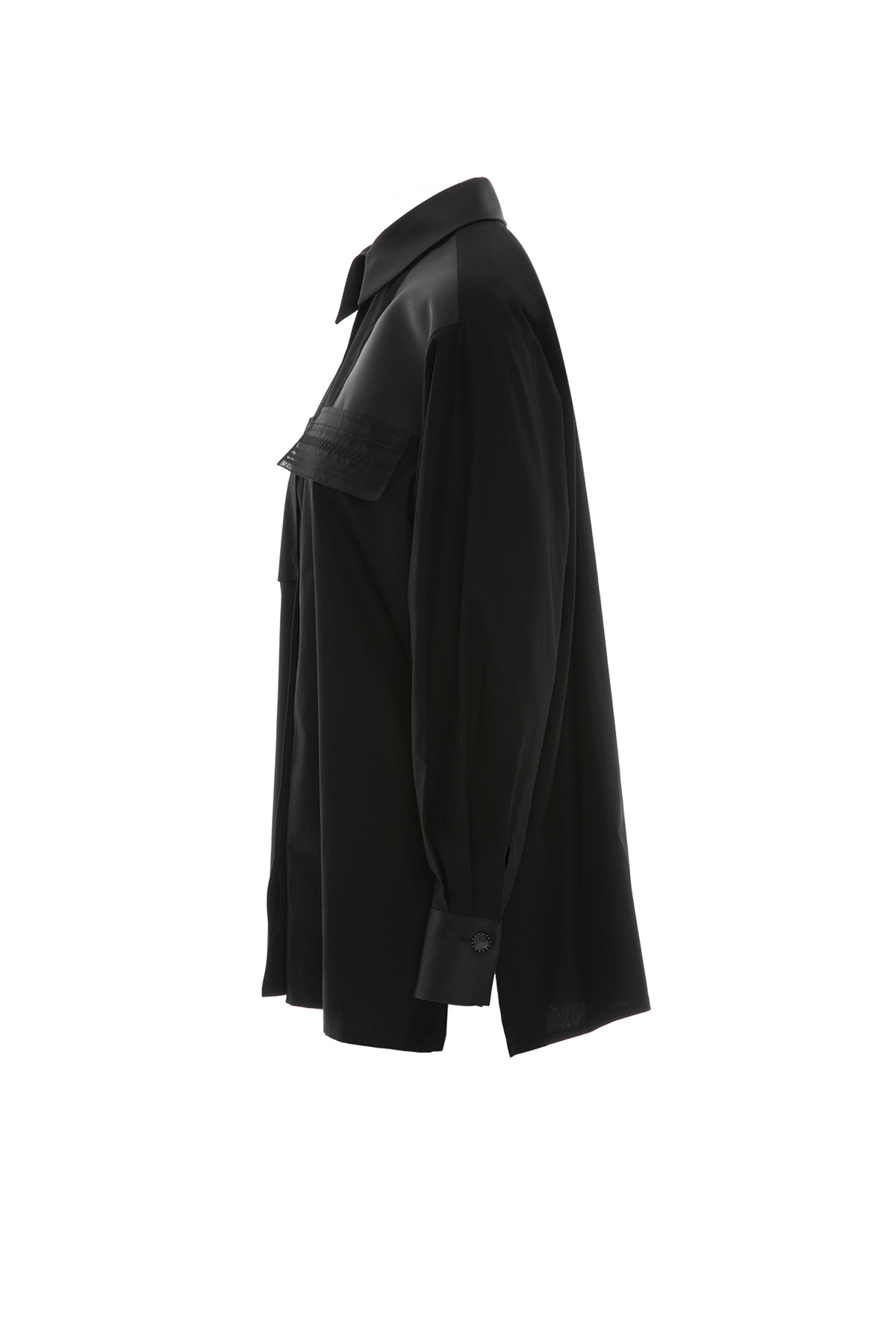 Cep Kapağı Nervür Detaylı Uzun Siyah Poplin Gömlek