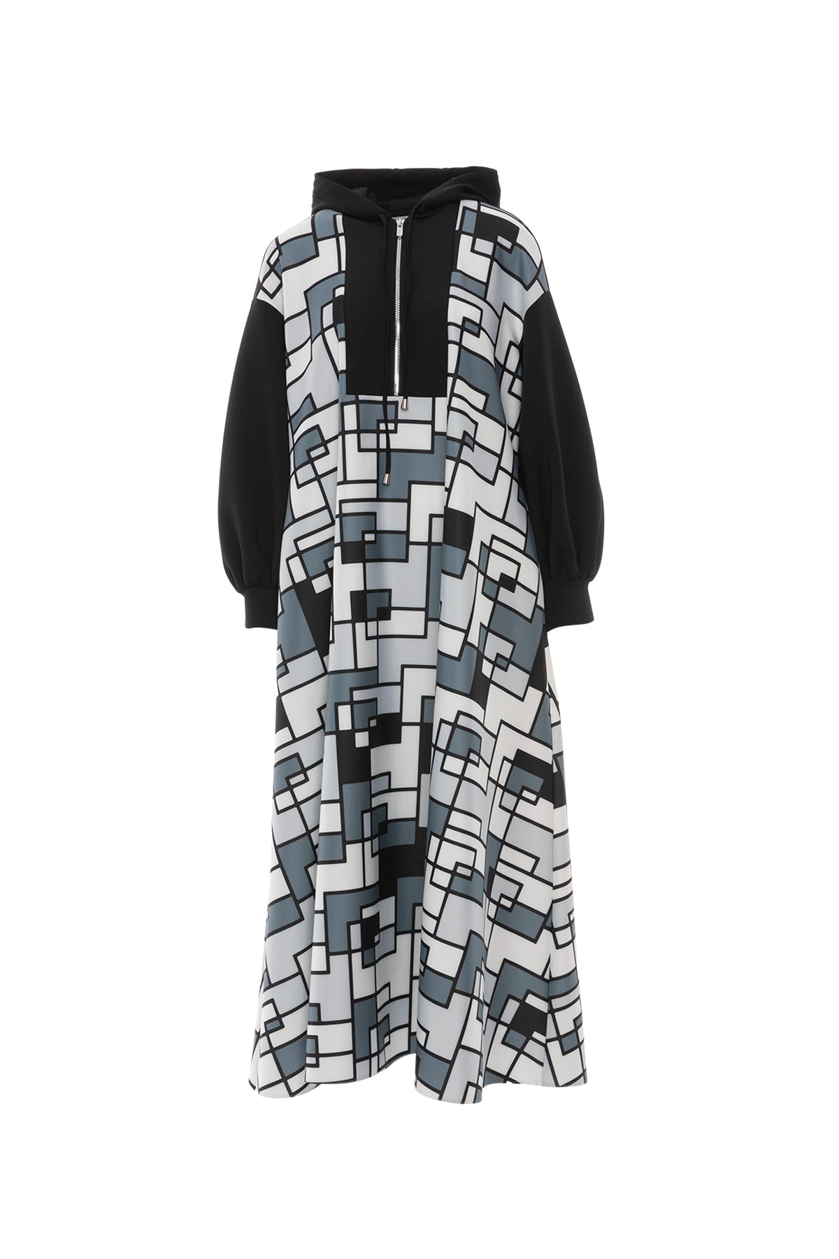 Fermuar Detaylı Kapüşonlu Özel Desen Scuba Maxi Elbise