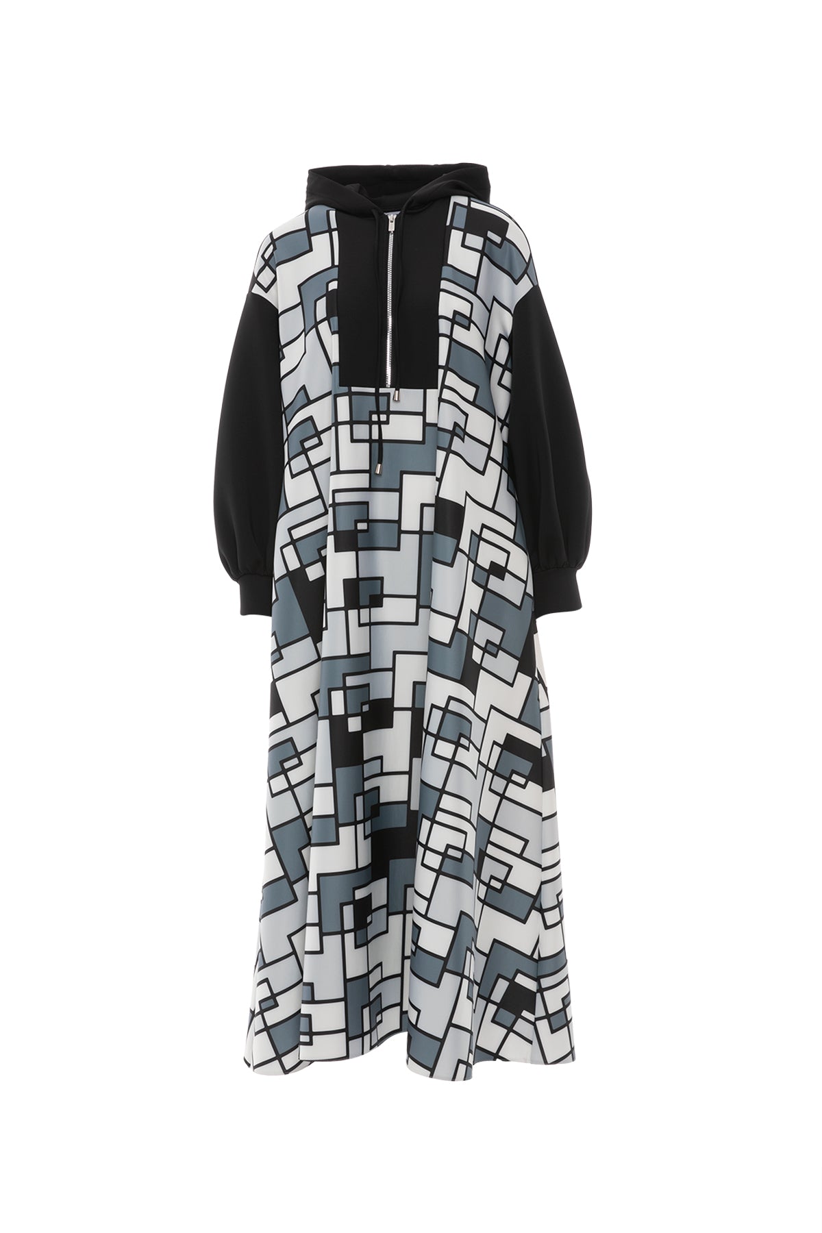 Fermuar Detaylı Kapüşonlu Özel Desen Scuba Maxi Elbise