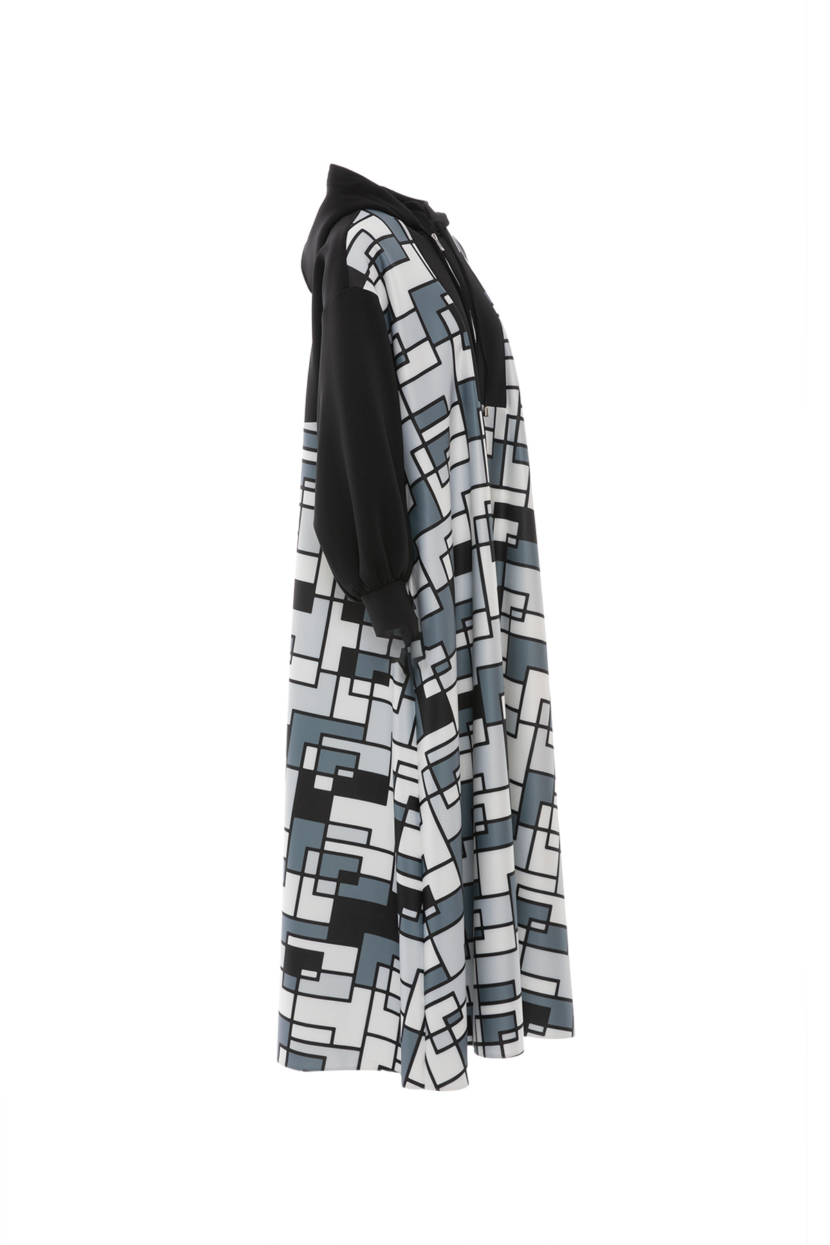 Fermuar Detaylı Kapüşonlu Özel Desen Scuba Maxi Elbise