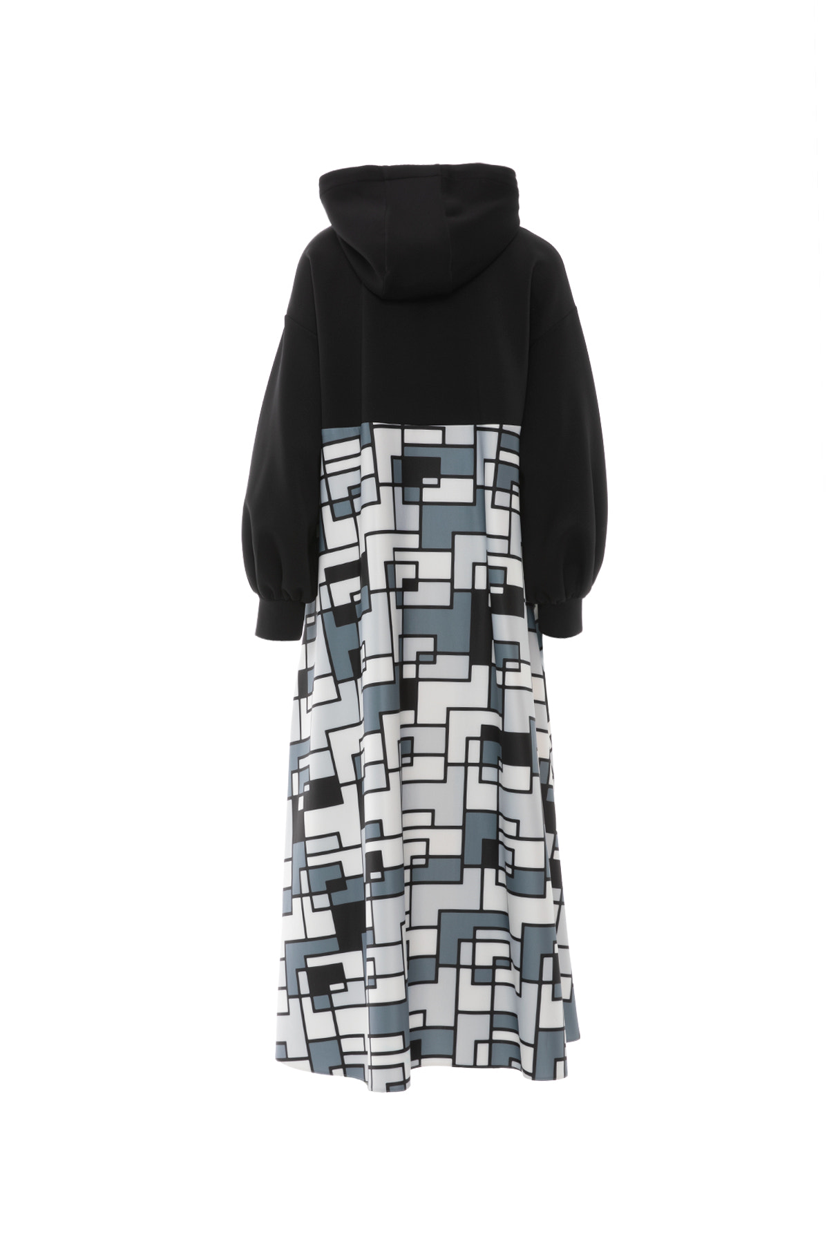 Fermuar Detaylı Kapüşonlu Özel Desen Scuba Maxi Elbise