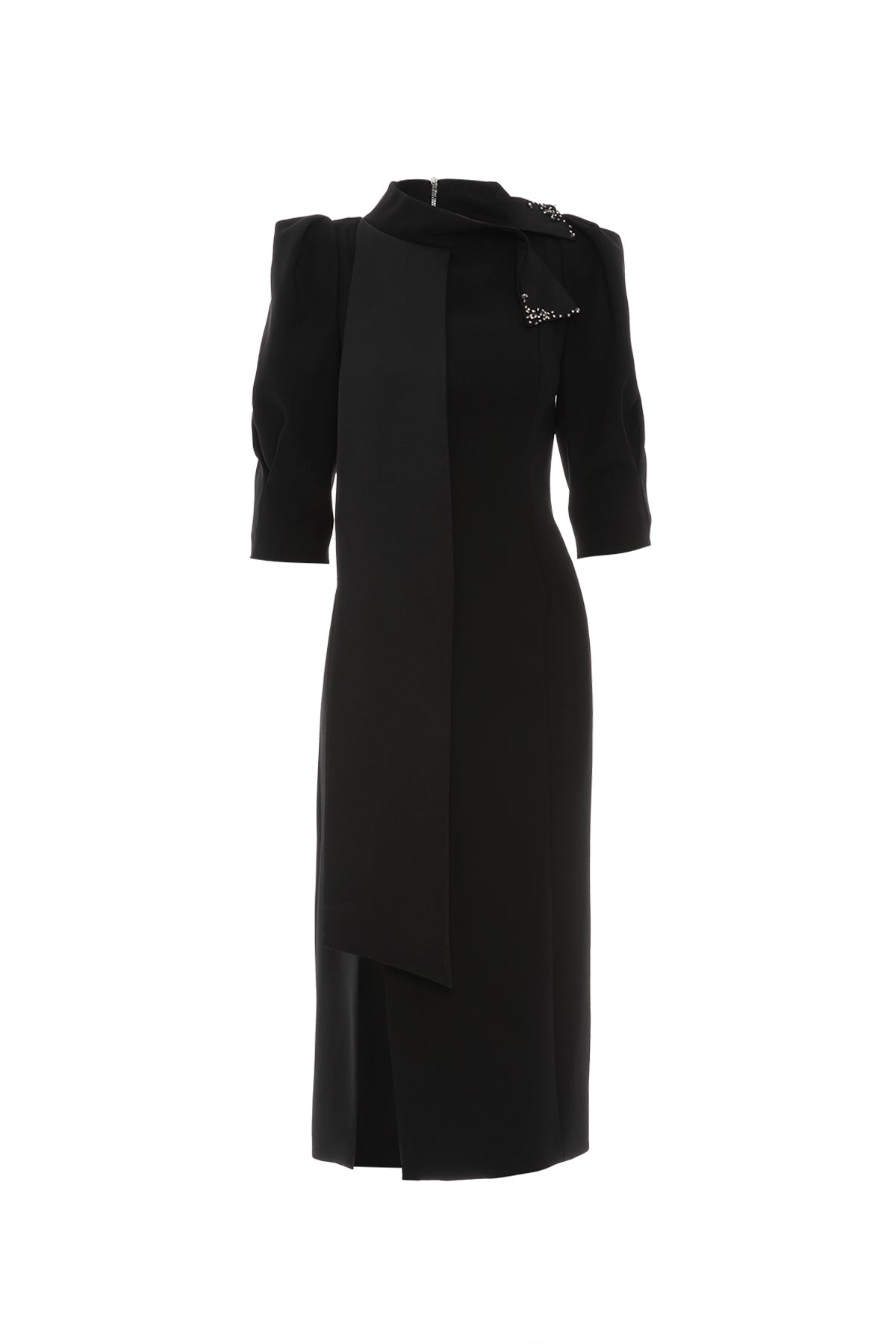 İşleme Detay Önü Yırtmaçlı Karpuz Kol Midi Boy Siyah Elbise