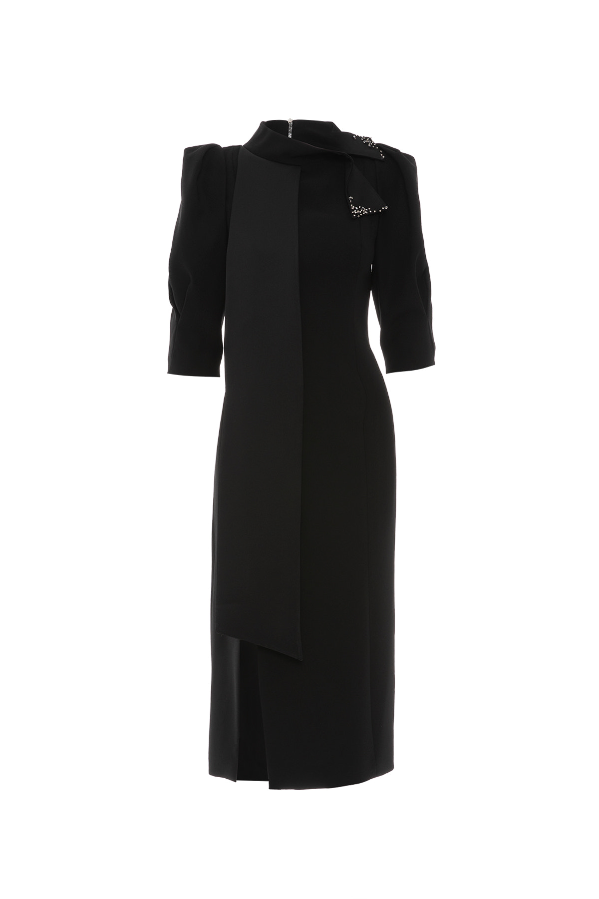 İşleme Detay Önü Yırtmaçlı Karpuz Kol Midi Boy Siyah Elbise