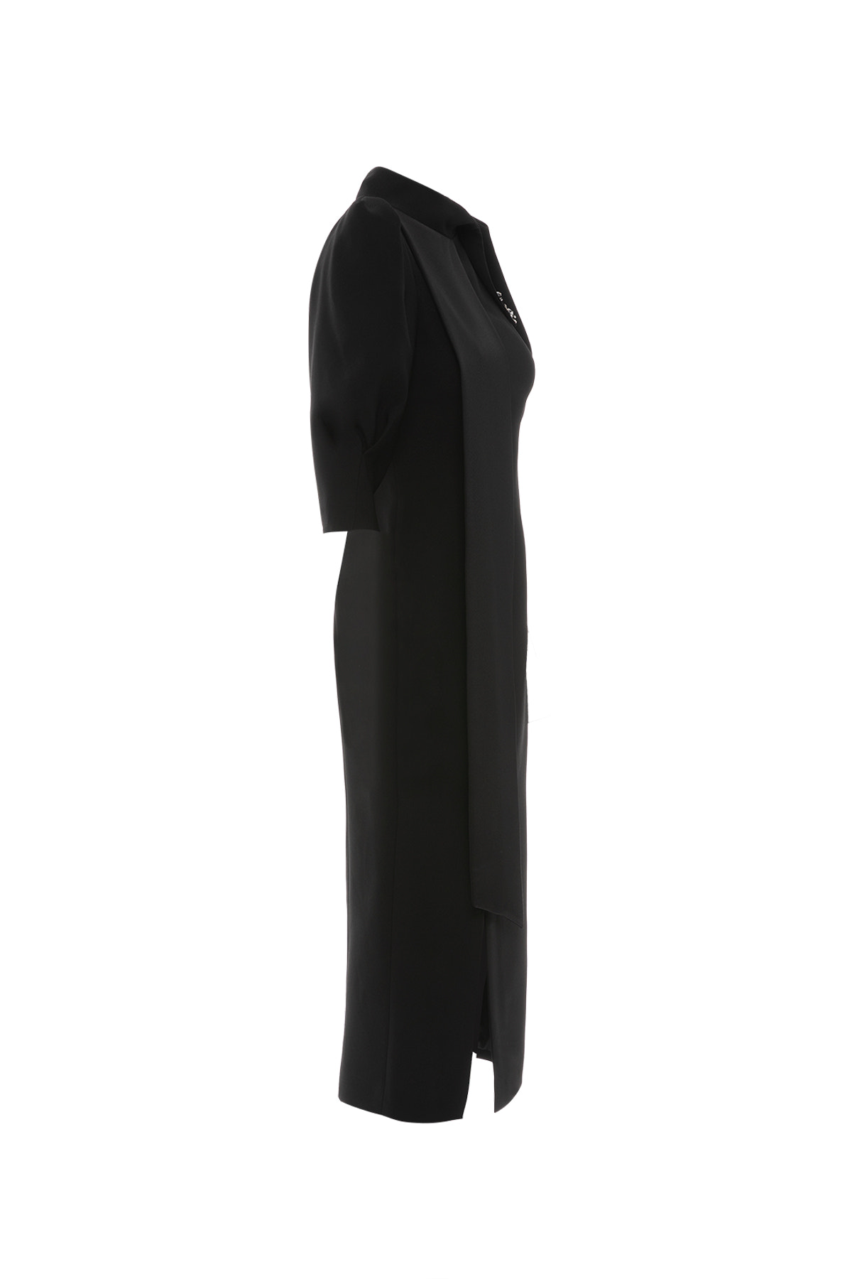 İşleme Detay Önü Yırtmaçlı Karpuz Kol Midi Boy Siyah Elbise