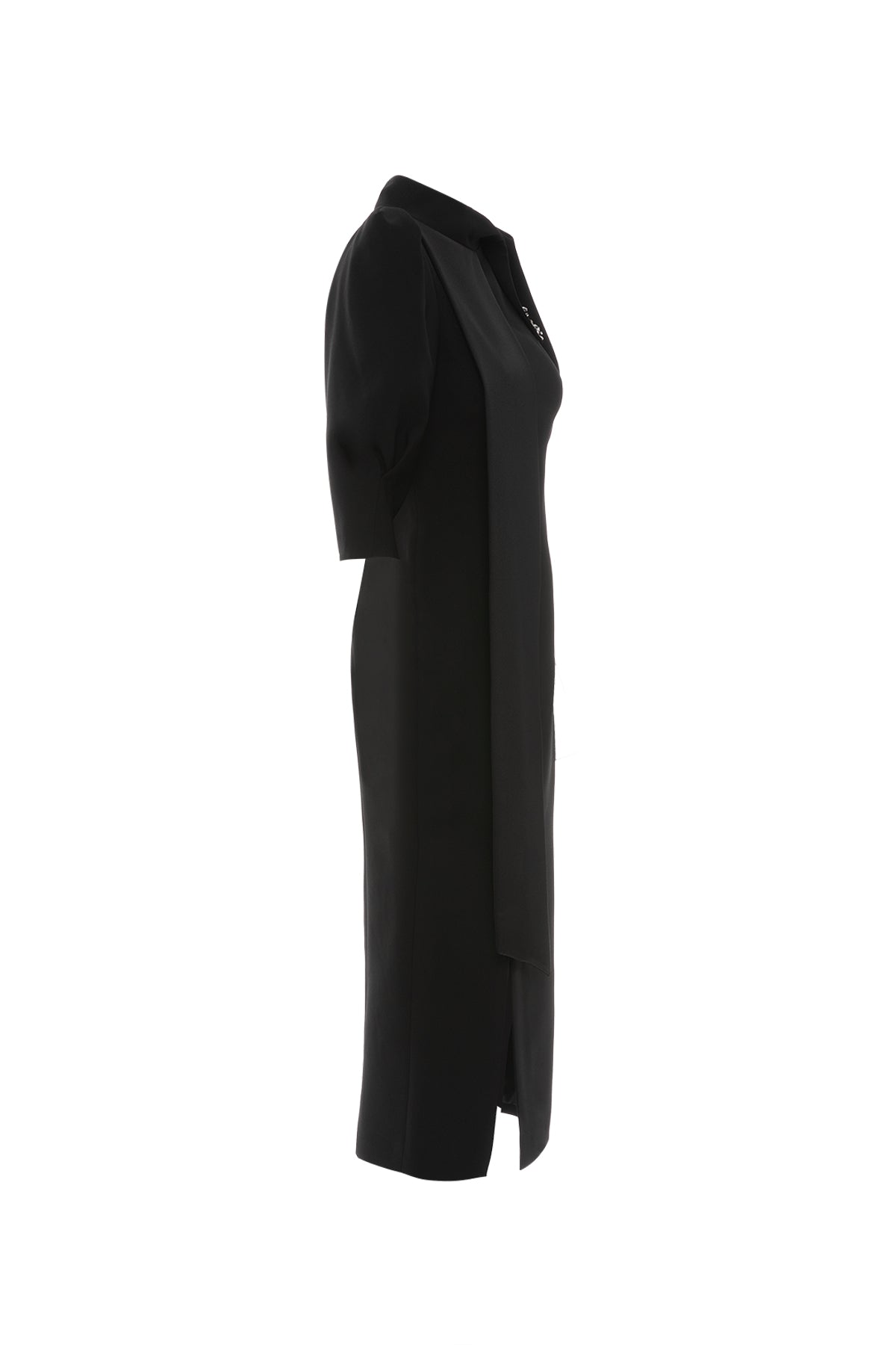 İşleme Detay Önü Yırtmaçlı Karpuz Kol Midi Boy Siyah Elbise