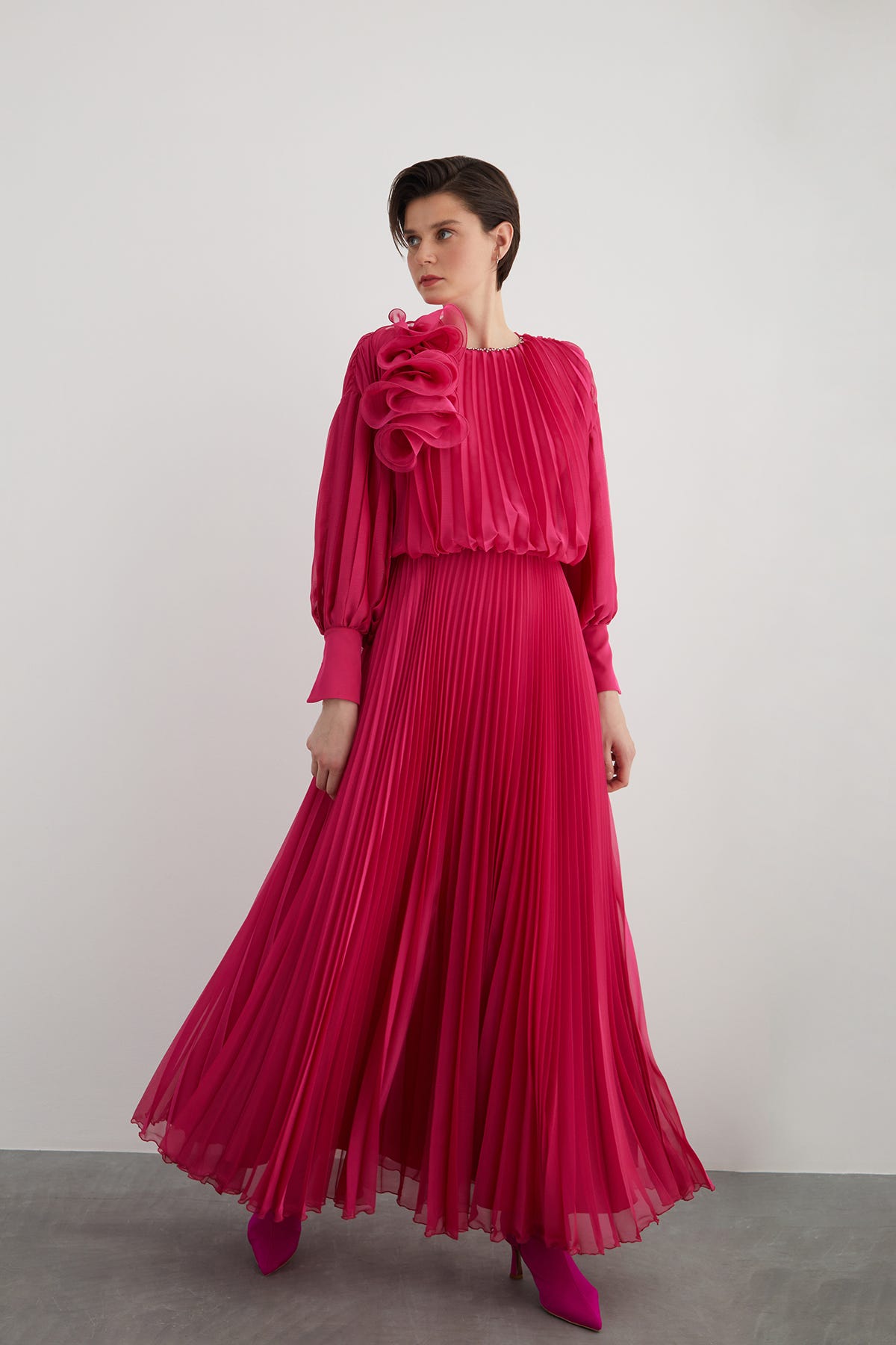 Pliseli Maxi Kloş Abiye Elbise