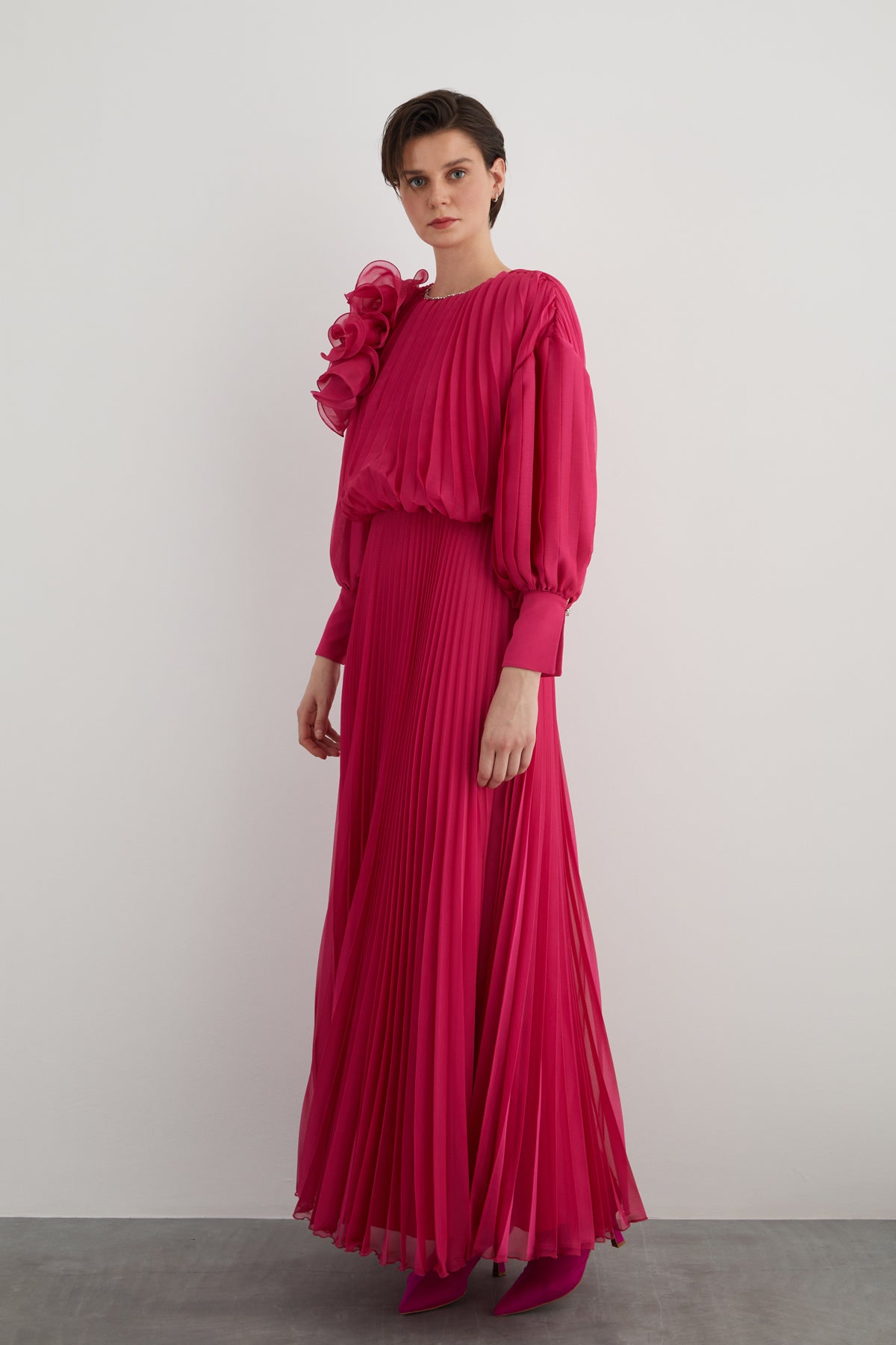 Pliseli Maxi Kloş Abiye Elbise