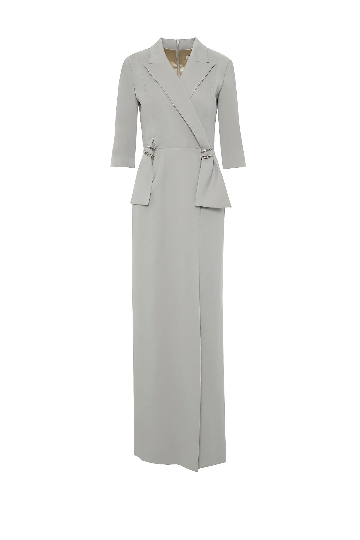 Şık Yaka Detaylı Yaka Ucu İşlemeli Vatkalı Uzun Elbise