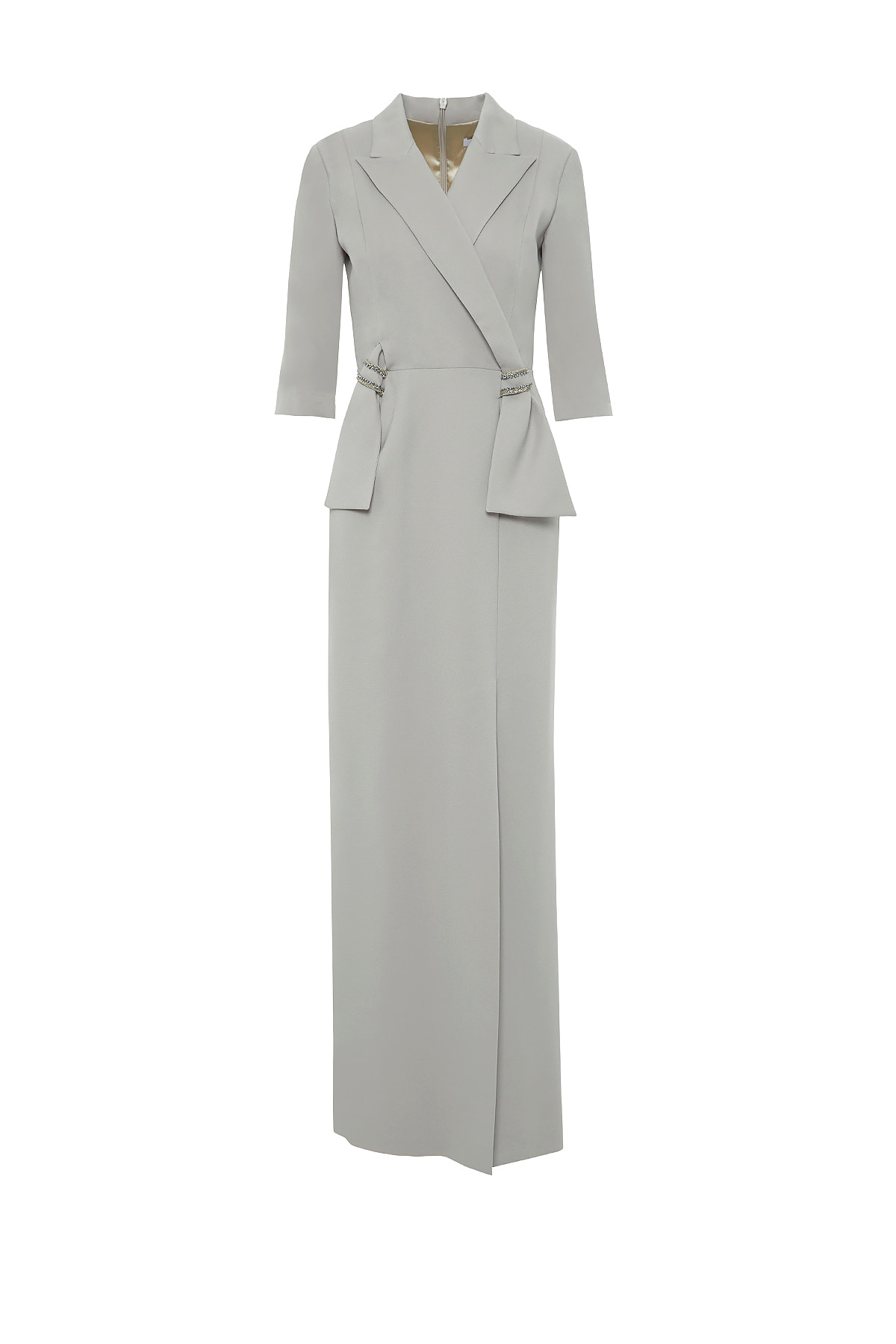 Şık Yaka Detaylı Yaka Ucu İşlemeli Vatkalı Uzun Elbise