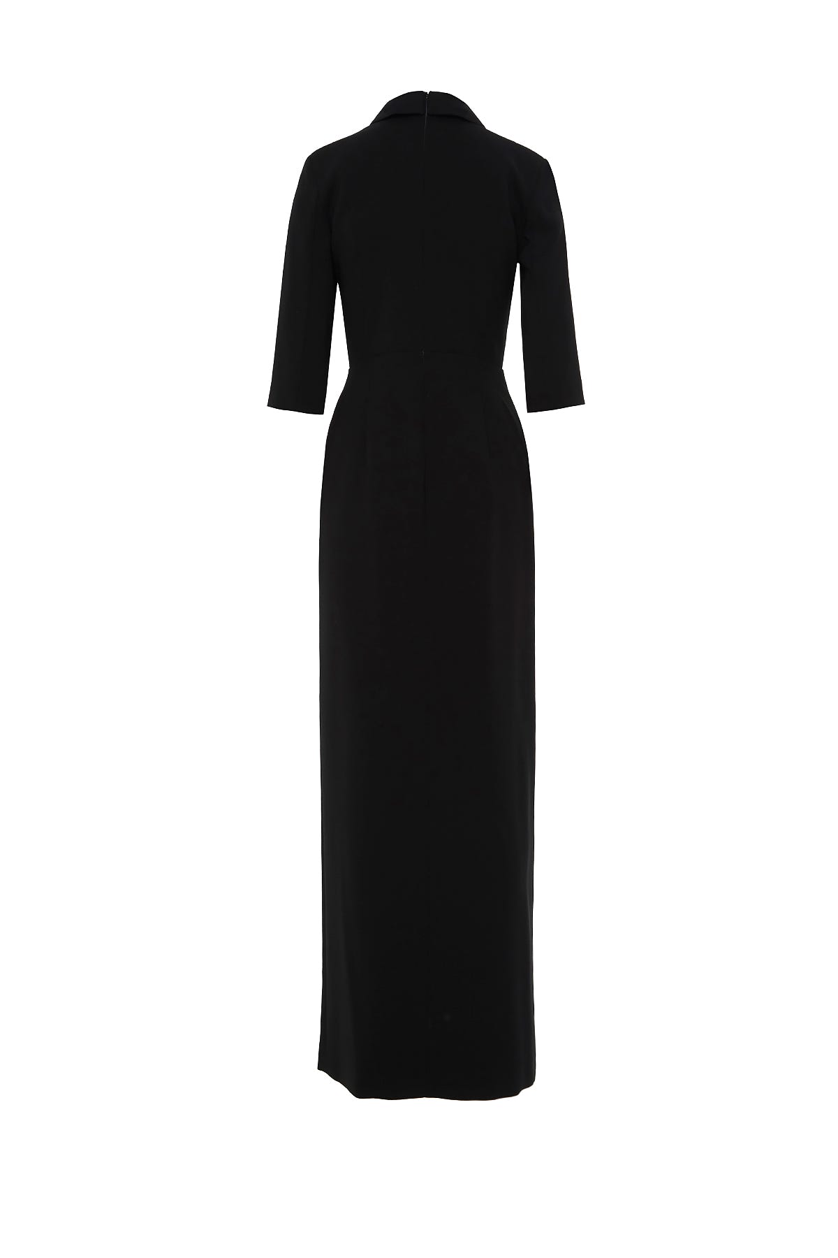 Şık Yaka Detaylı Yaka Ucu İşlemeli Vatkalı Uzun Siyah Elbise