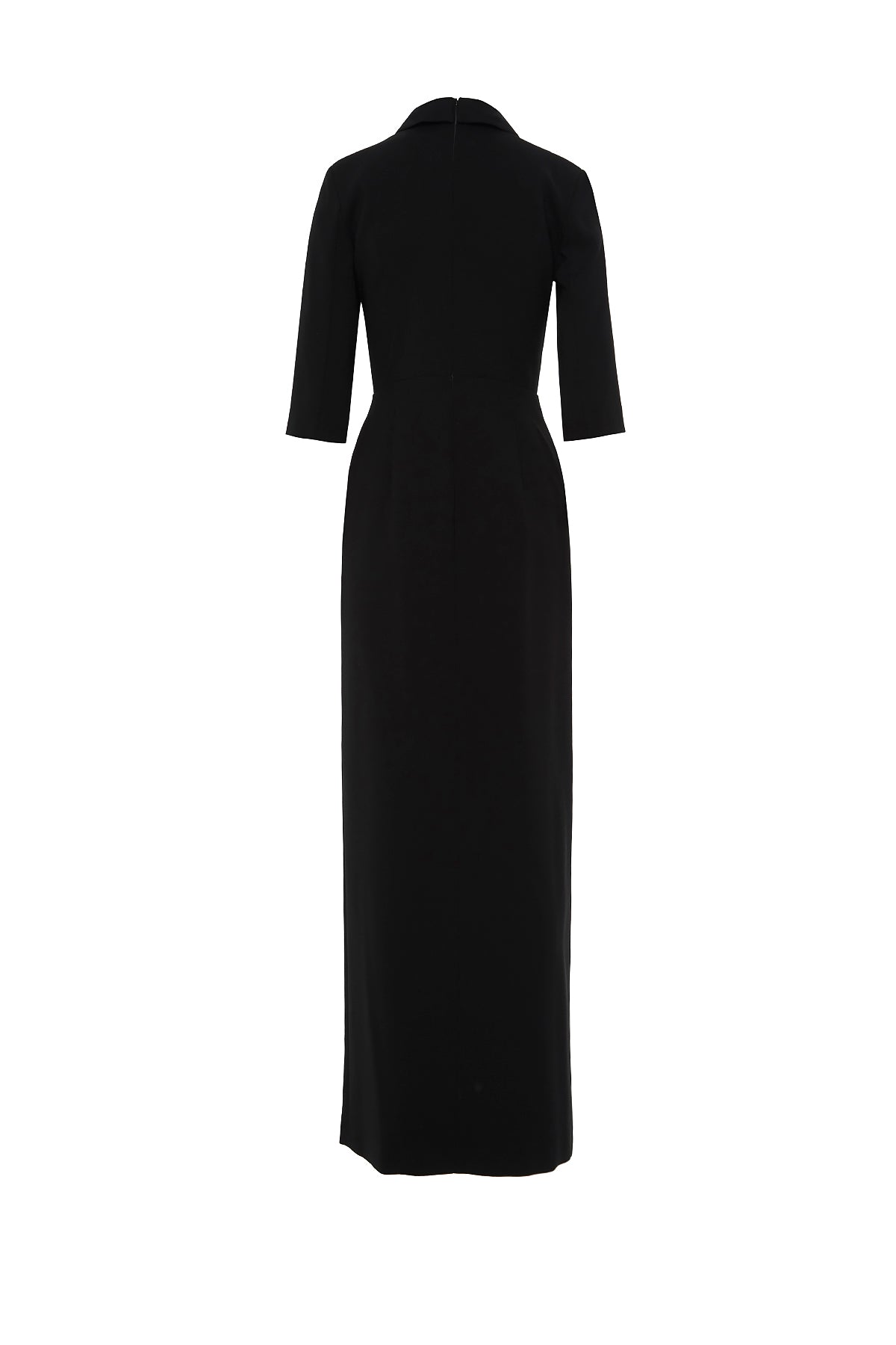 Şık Yaka Detaylı Yaka Ucu İşlemeli Vatkalı Uzun Siyah Elbise