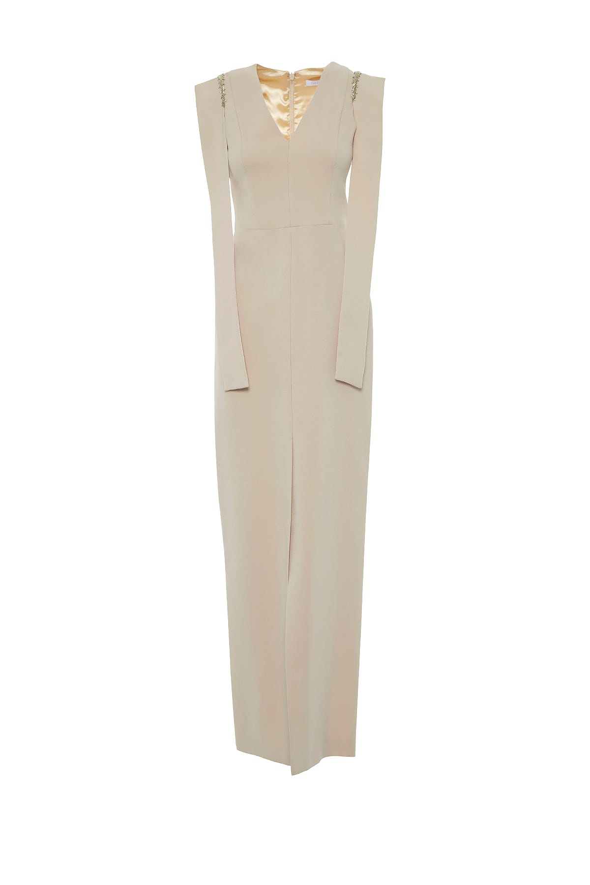 Omuzdan İşlemeli Bant Detaylı Yırtmaçlı V Yaka Uzun Elbise