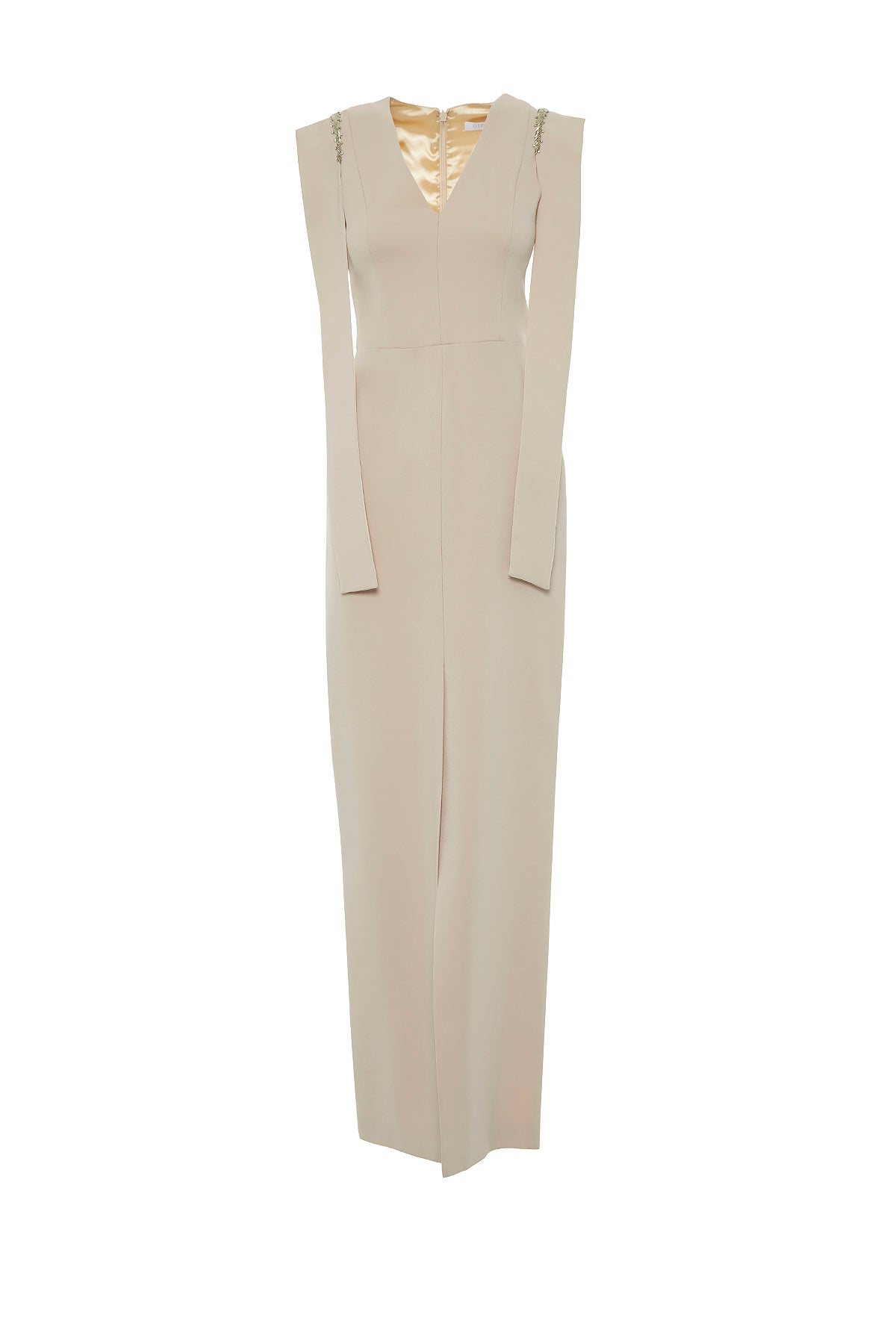 Omuzdan İşlemeli Bant Detaylı Yırtmaçlı V Yaka Uzun Elbise