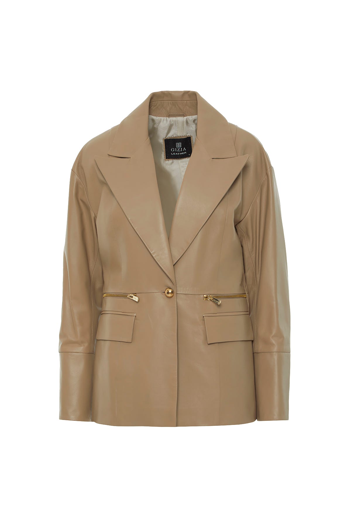 Fermuar Detaylı Düğmeli Deri Ceket