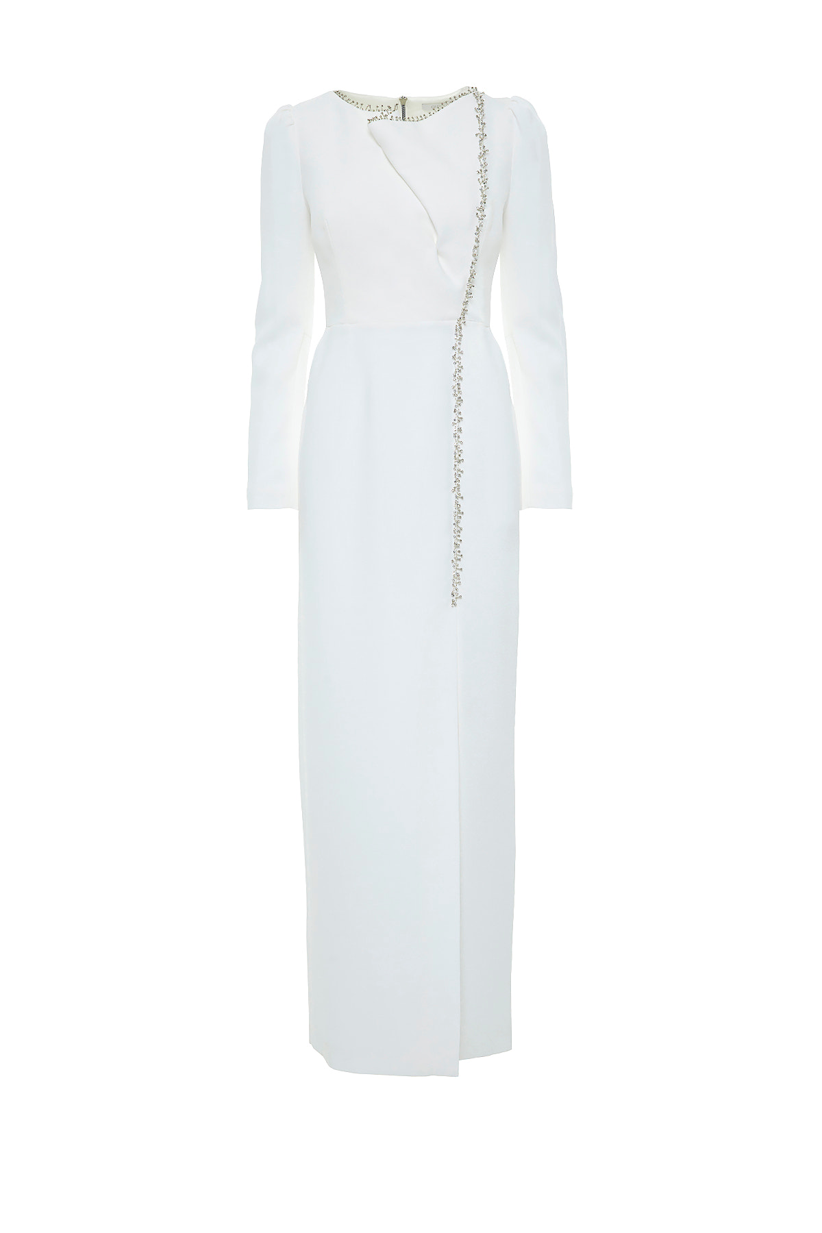 İşleme Detaylı Kol Üstü Büzgülü Uzun Abiye Elbise