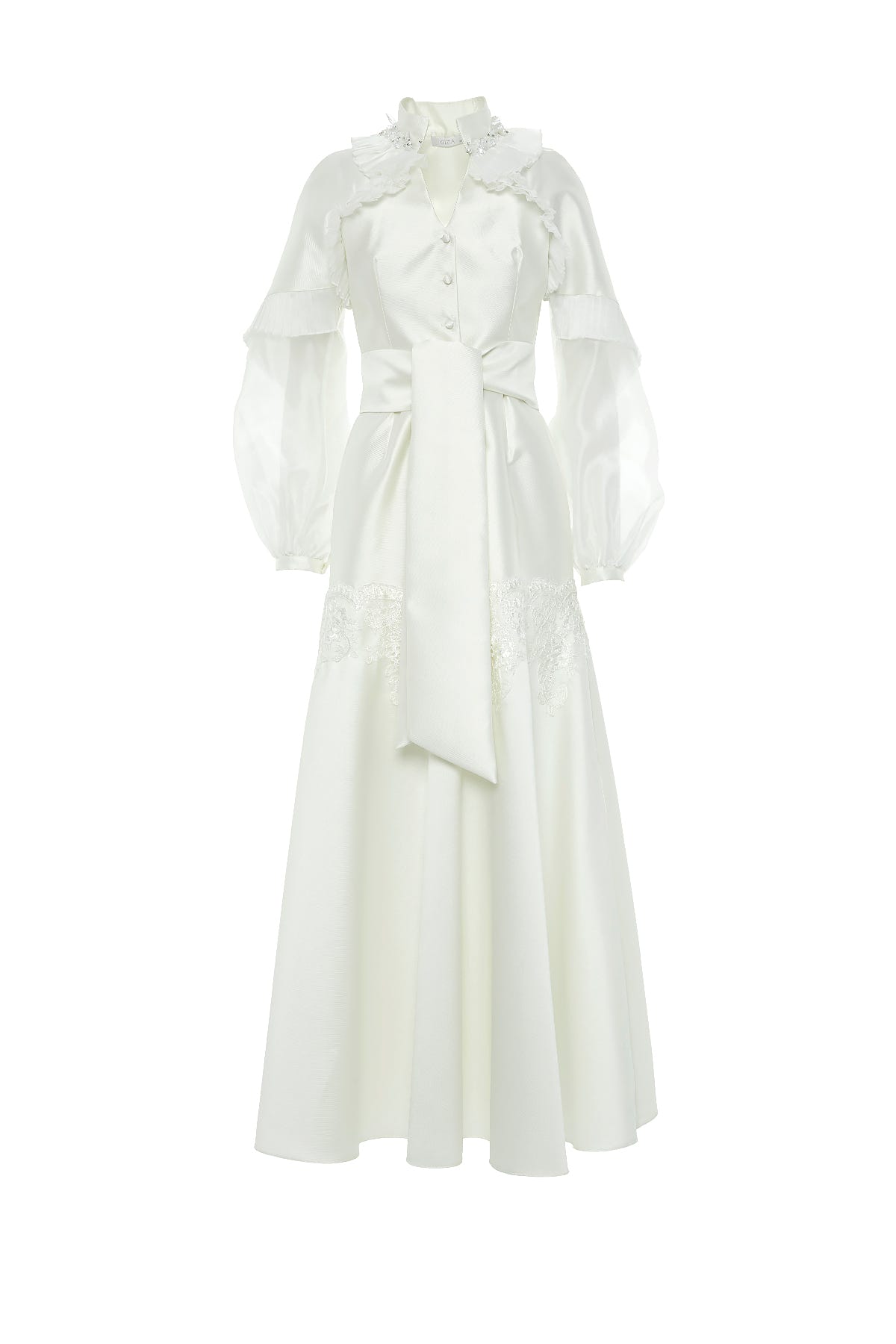 Pile Detaylı Yakası İşlemeli V Yaka Kloş Maxi Elbise