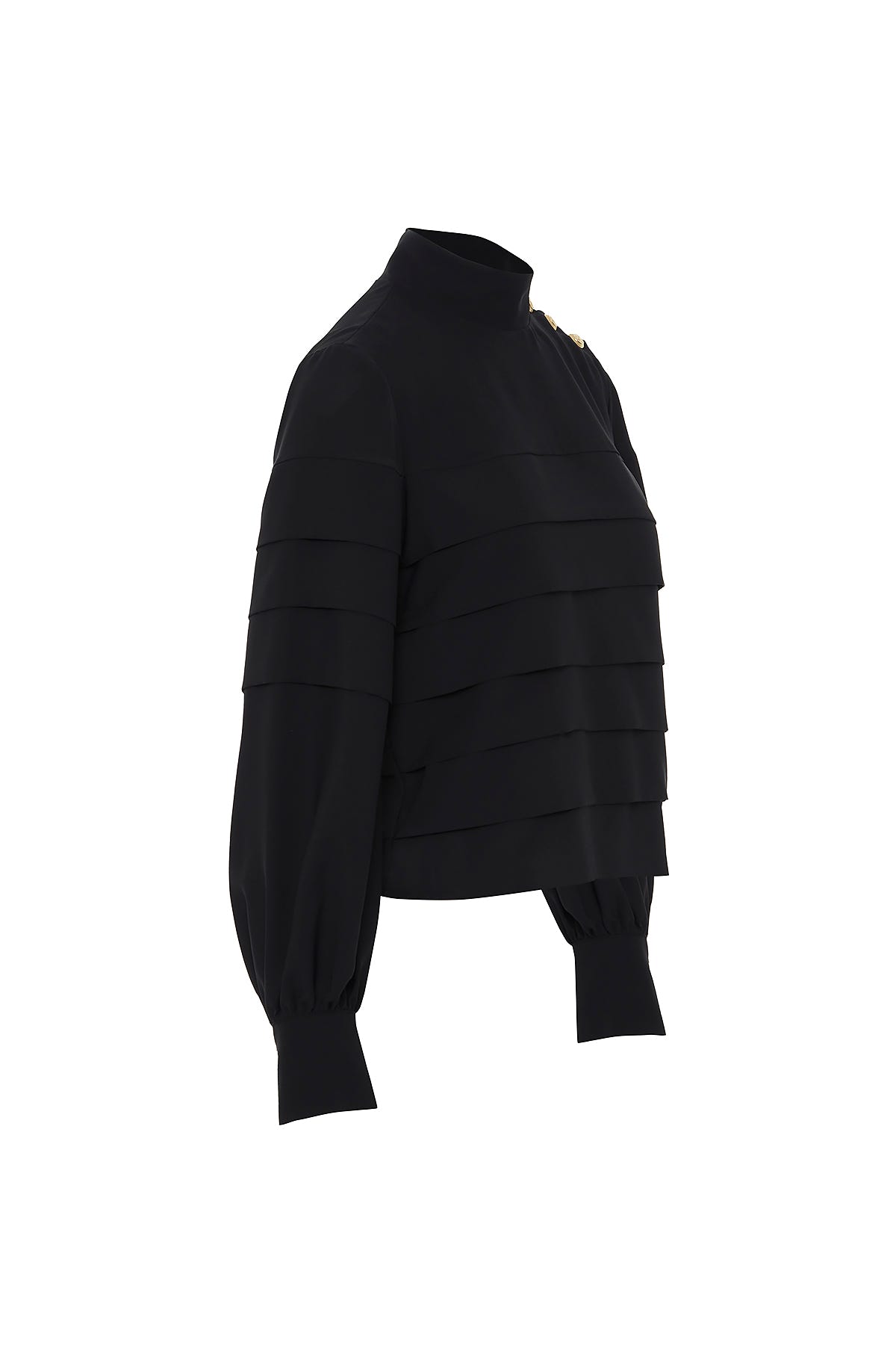 Omuzdan Düğme Detaylı Kat Kat Dik Yaka Bluz