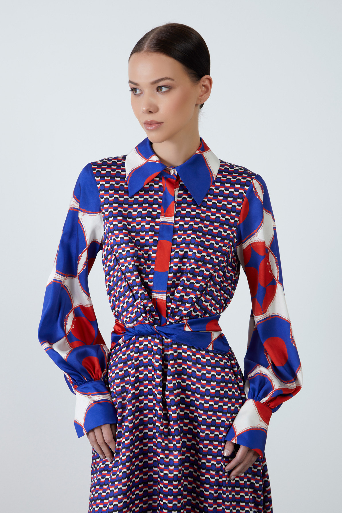 Beli Sabit Kuşaklı Gizli Kapama Uzun Desenli Elbise