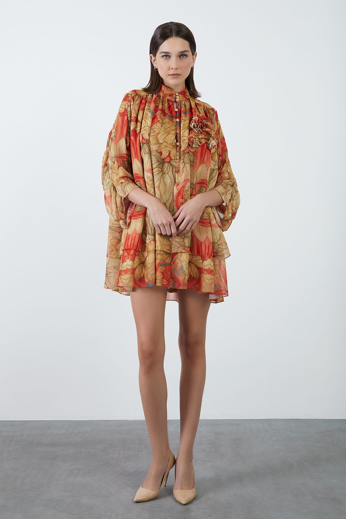 Çiçek Desenli Şifon Mini Elbise