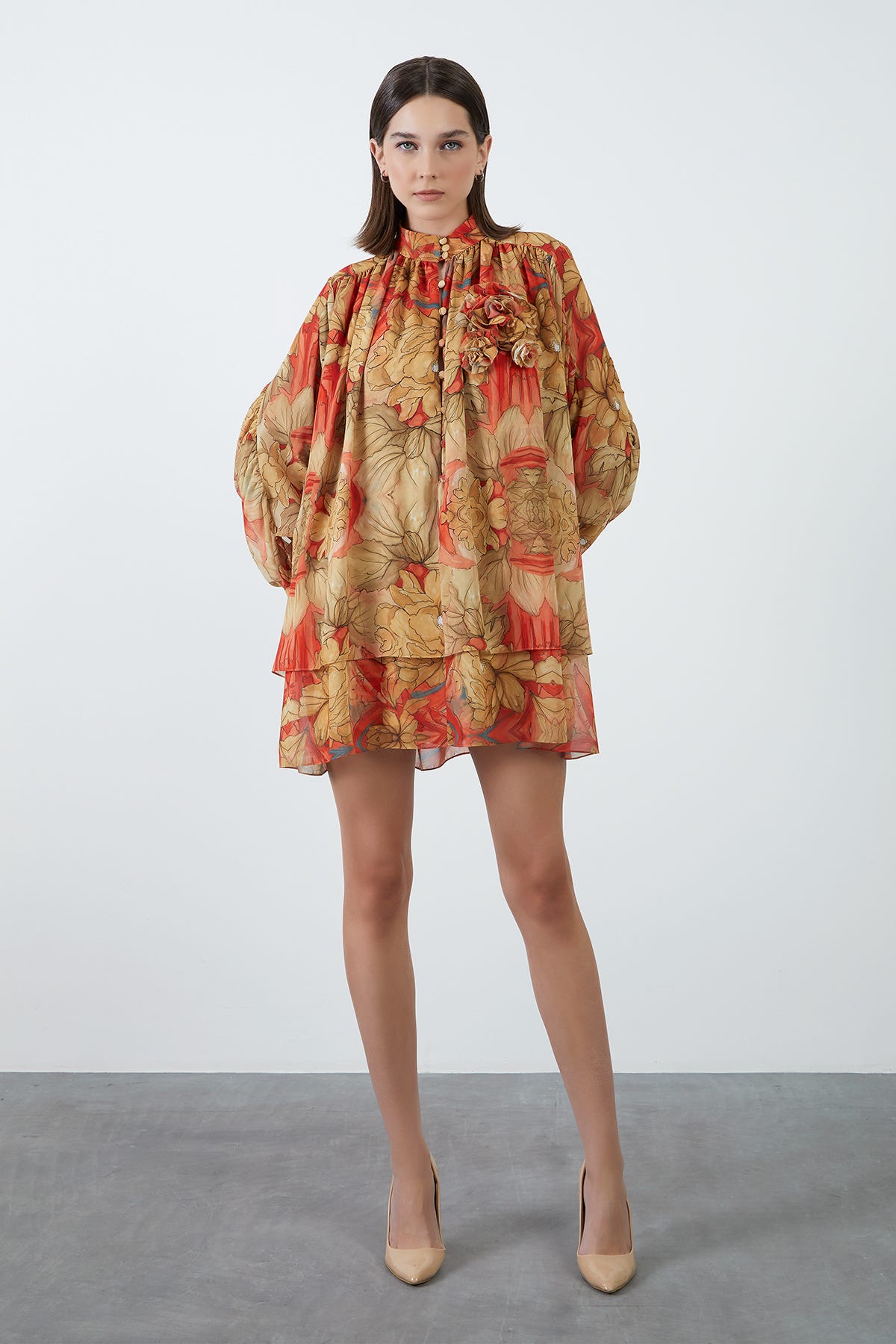 Çiçek Desenli Şifon Mini Elbise