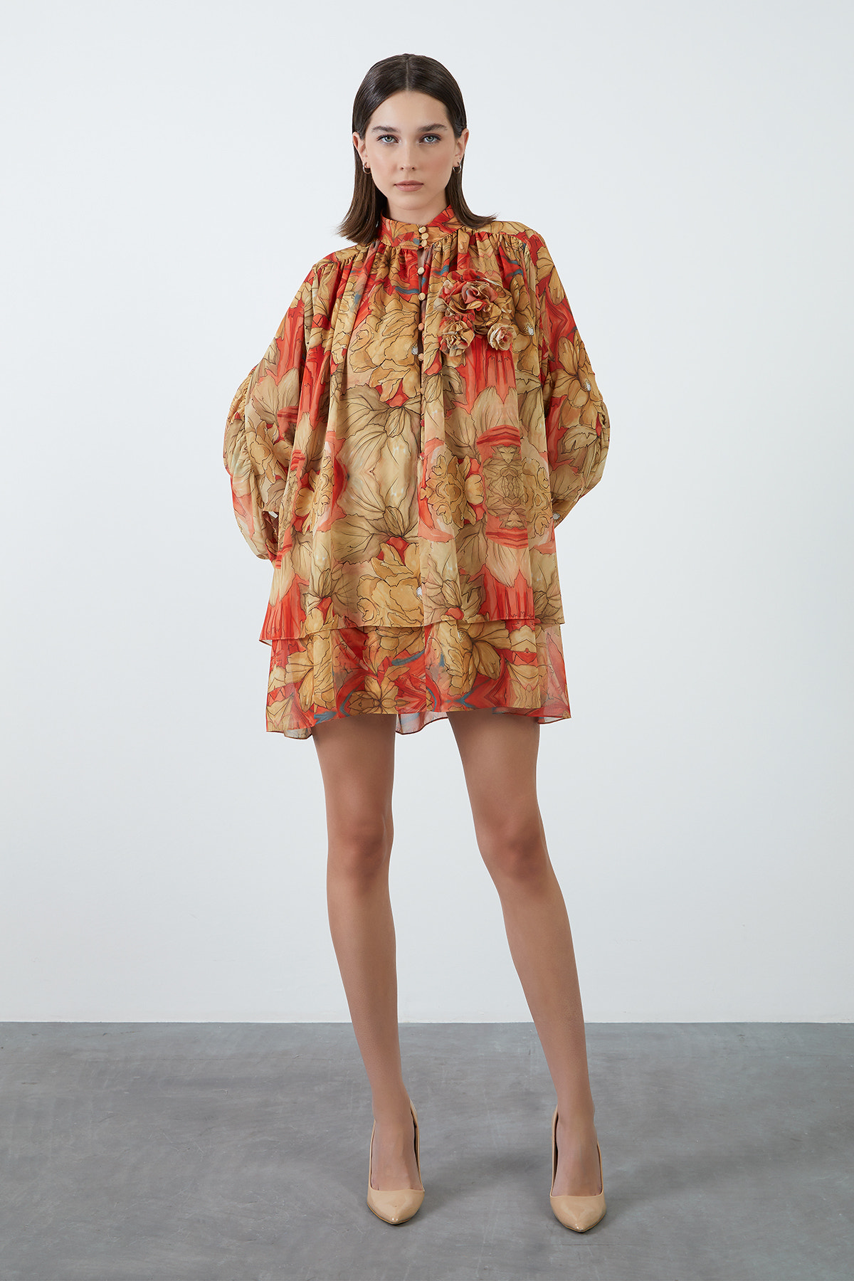 Çiçek Desenli Şifon Mini Elbise