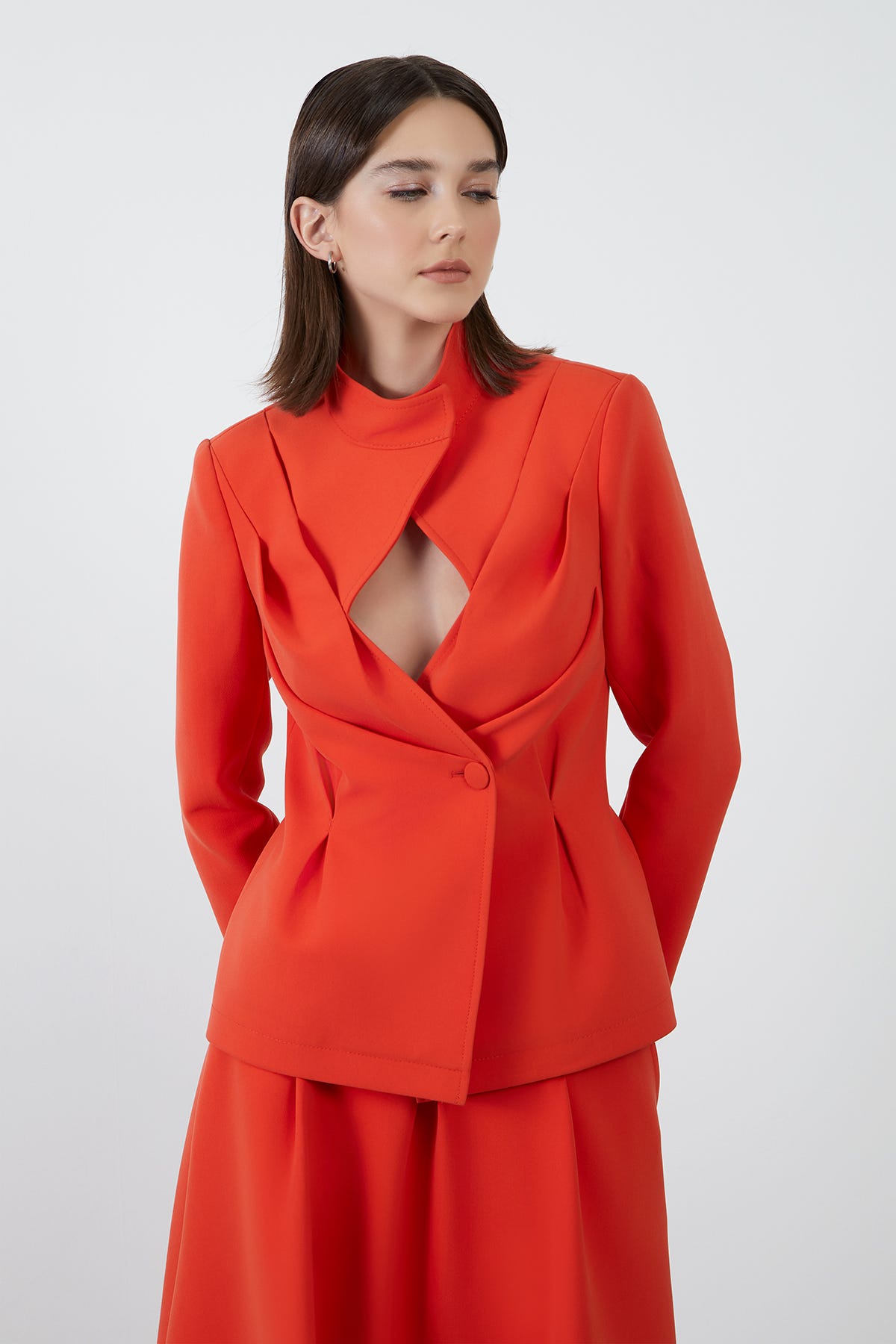 Pencere Detaylı Mercan Kruvaze Ceket