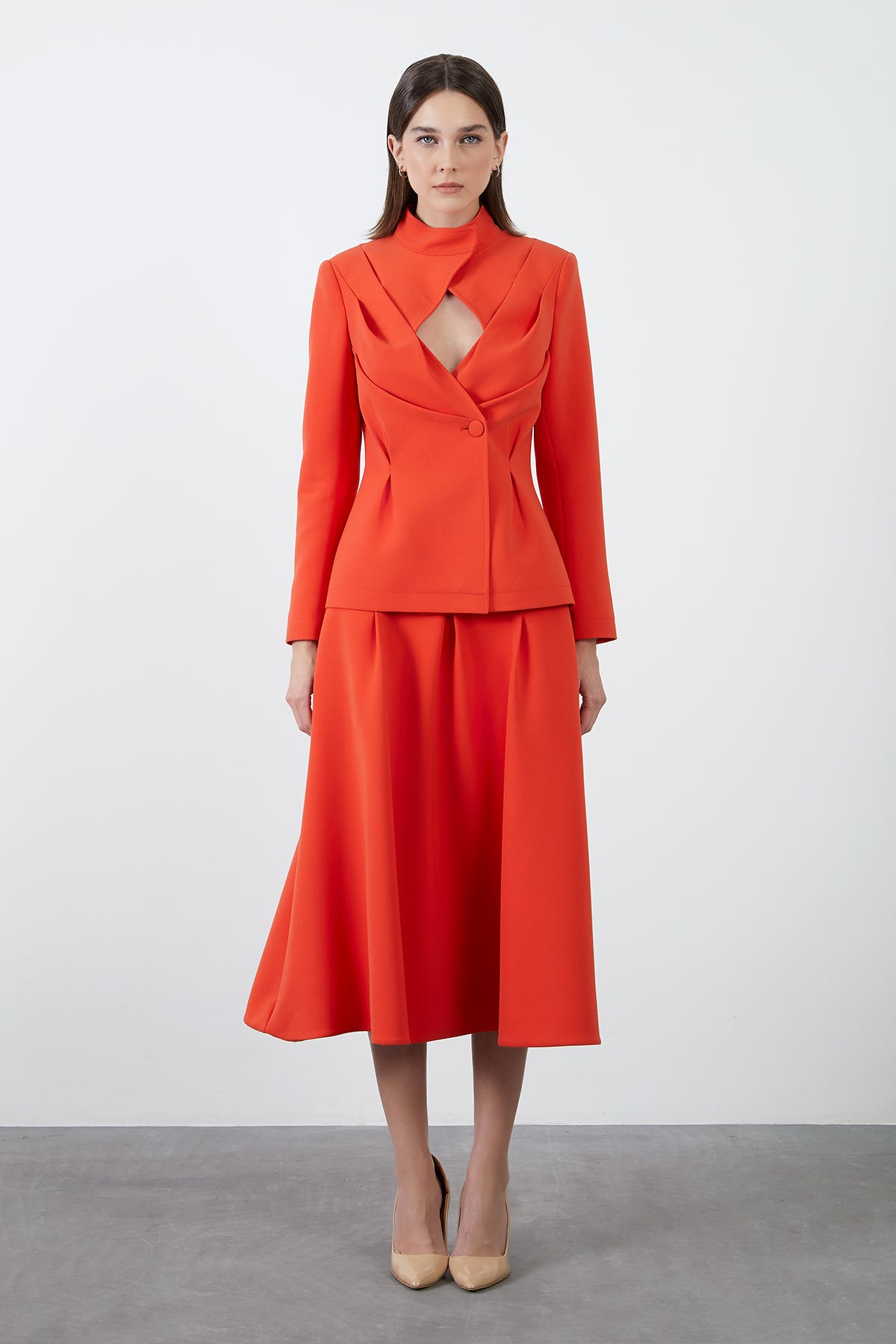 Pencere Detaylı Mercan Kruvaze Ceket