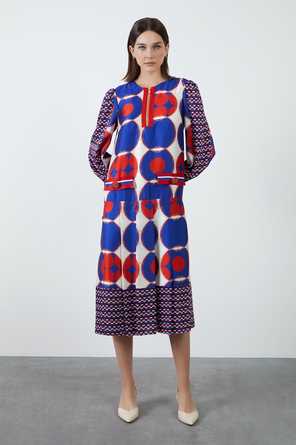 Önü Fermuar Detaylı Desenli Midi Elbise