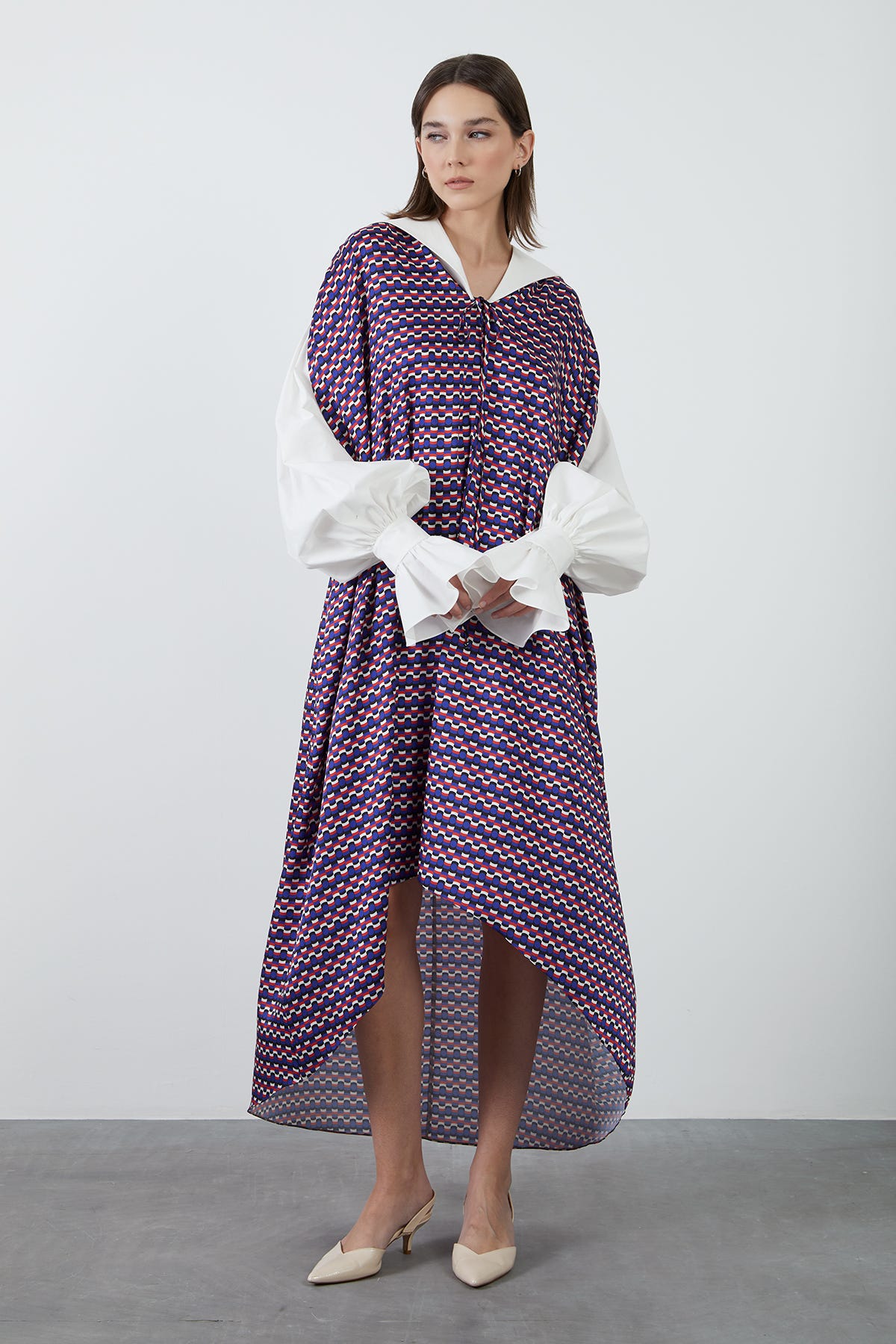 Manşet Ve Detaylı Desenli Midi Elbise