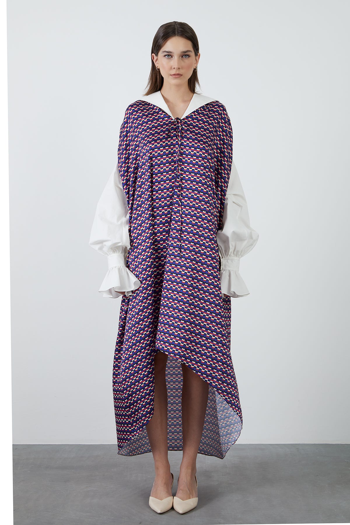 Manşet Ve Detaylı Desenli Midi Elbise