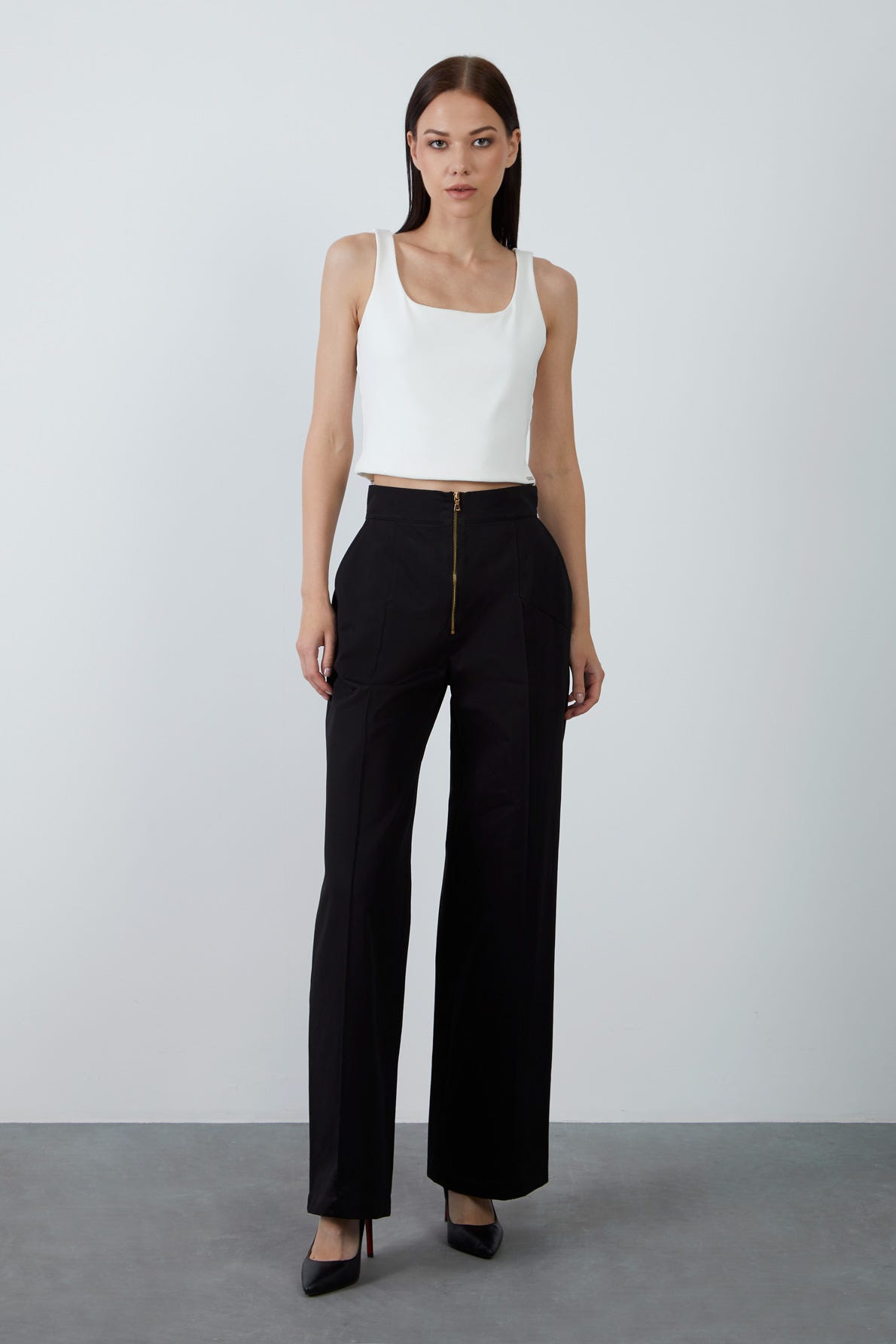 Fermuar Detaylı Yüksek Bel Pantolon