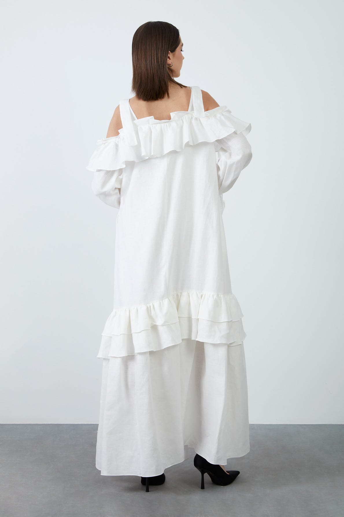 Ayarlanabilir Kalın Askılı Kolucu Büzgülü Uzun Keten Elbise