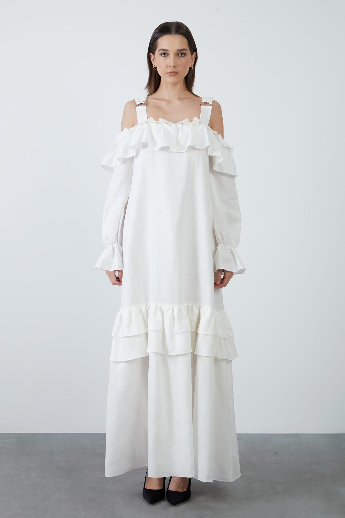 Ayarlanabilir Kalın Askılı Kolucu Büzgülü Uzun Keten Elbise