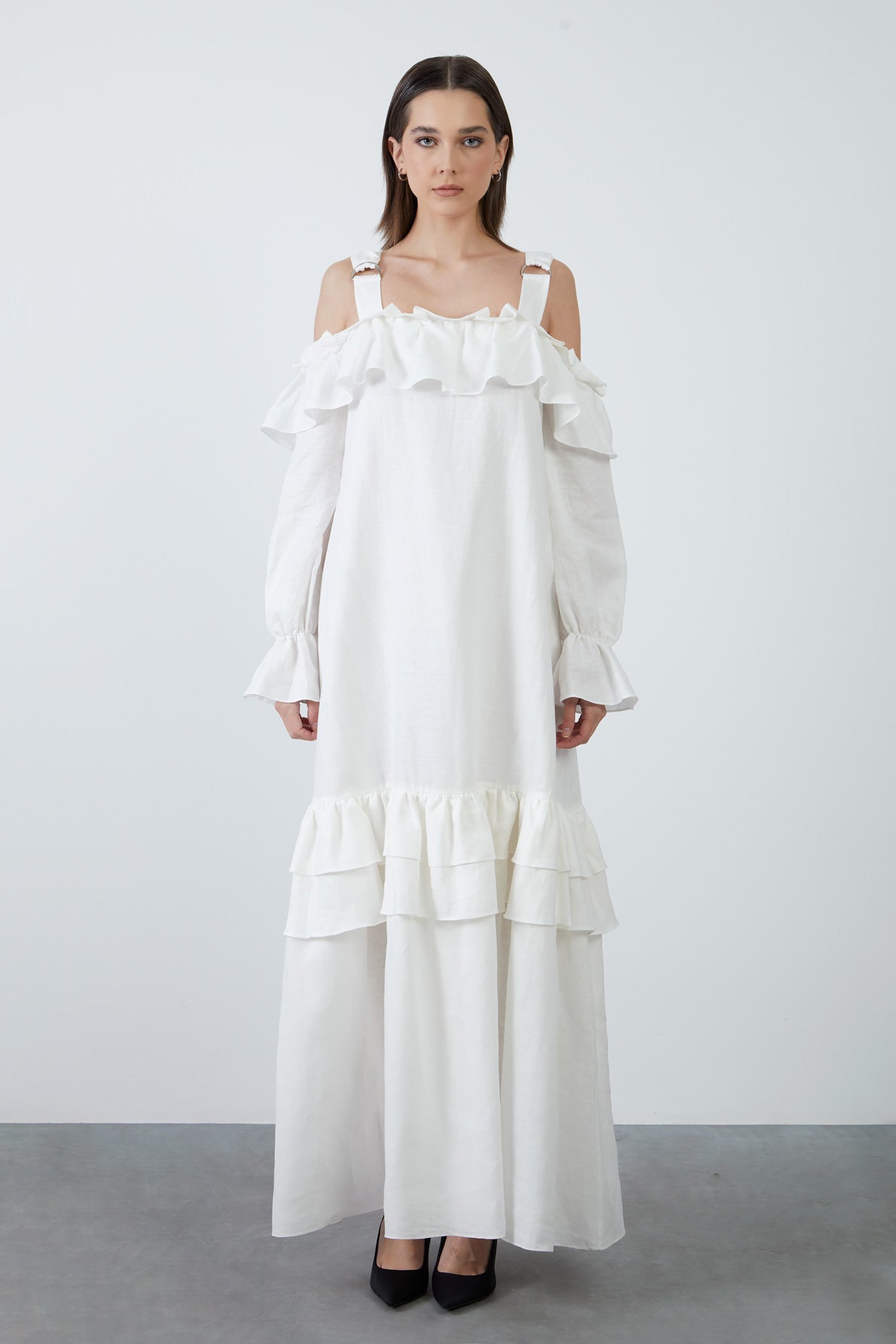 Ayarlanabilir Kalın Askılı Kolucu Büzgülü Uzun Keten Elbise