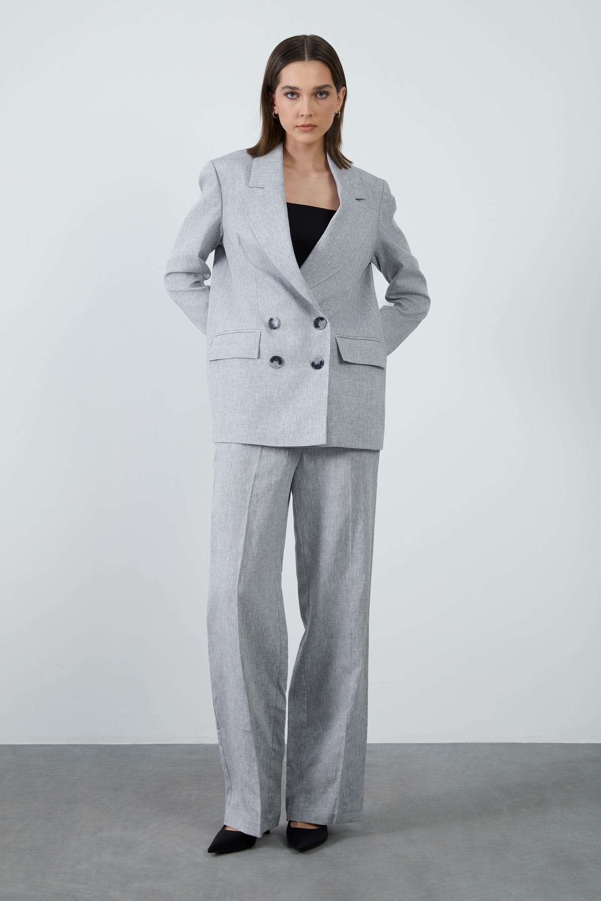 Cepli Tek Düğmeli Desenli Ceketli Ve Palazzo Pantolonlu Takım