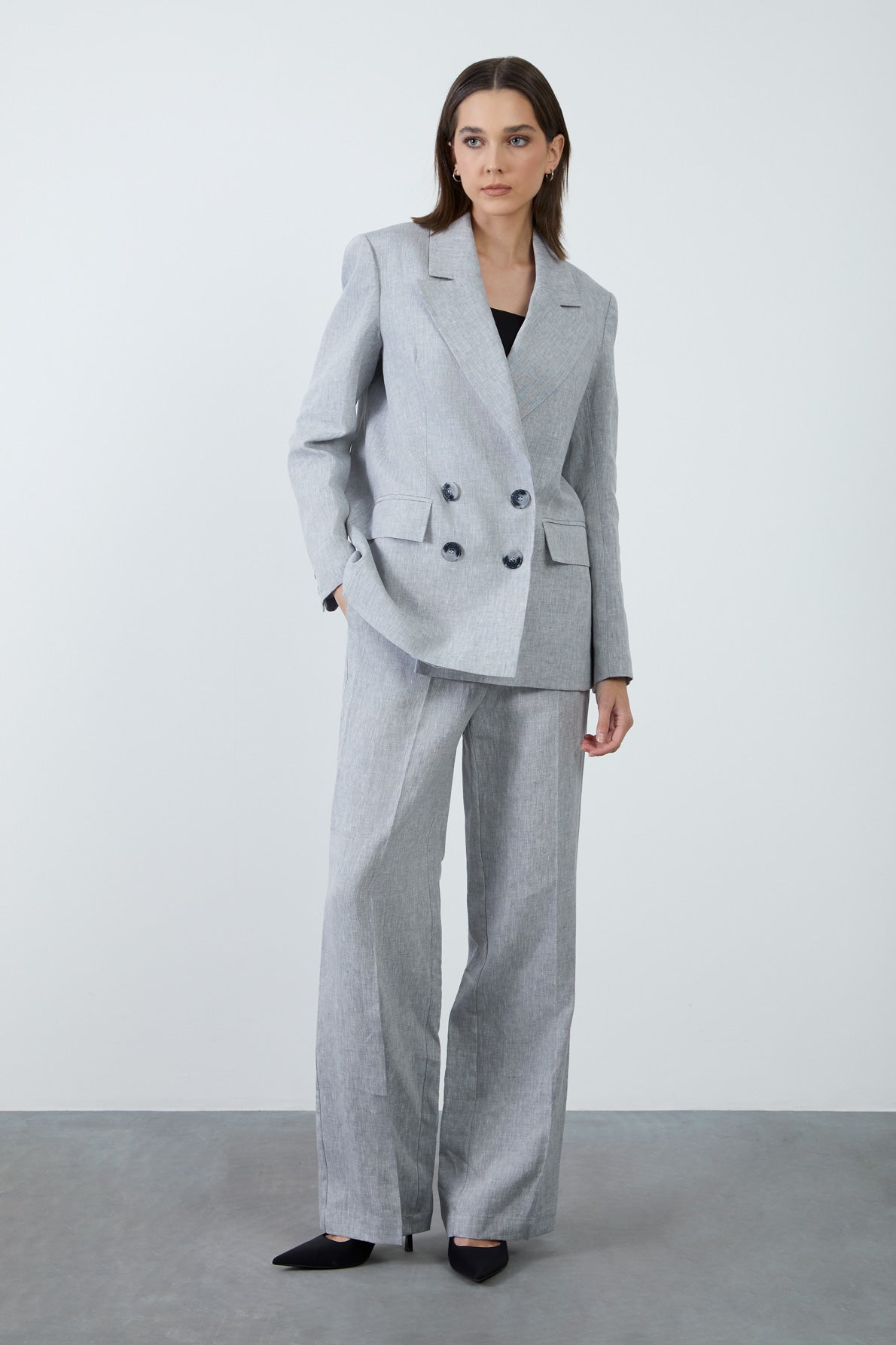 Cepli Tek Düğmeli Desenli Ceketli Ve Palazzo Pantolonlu Takım