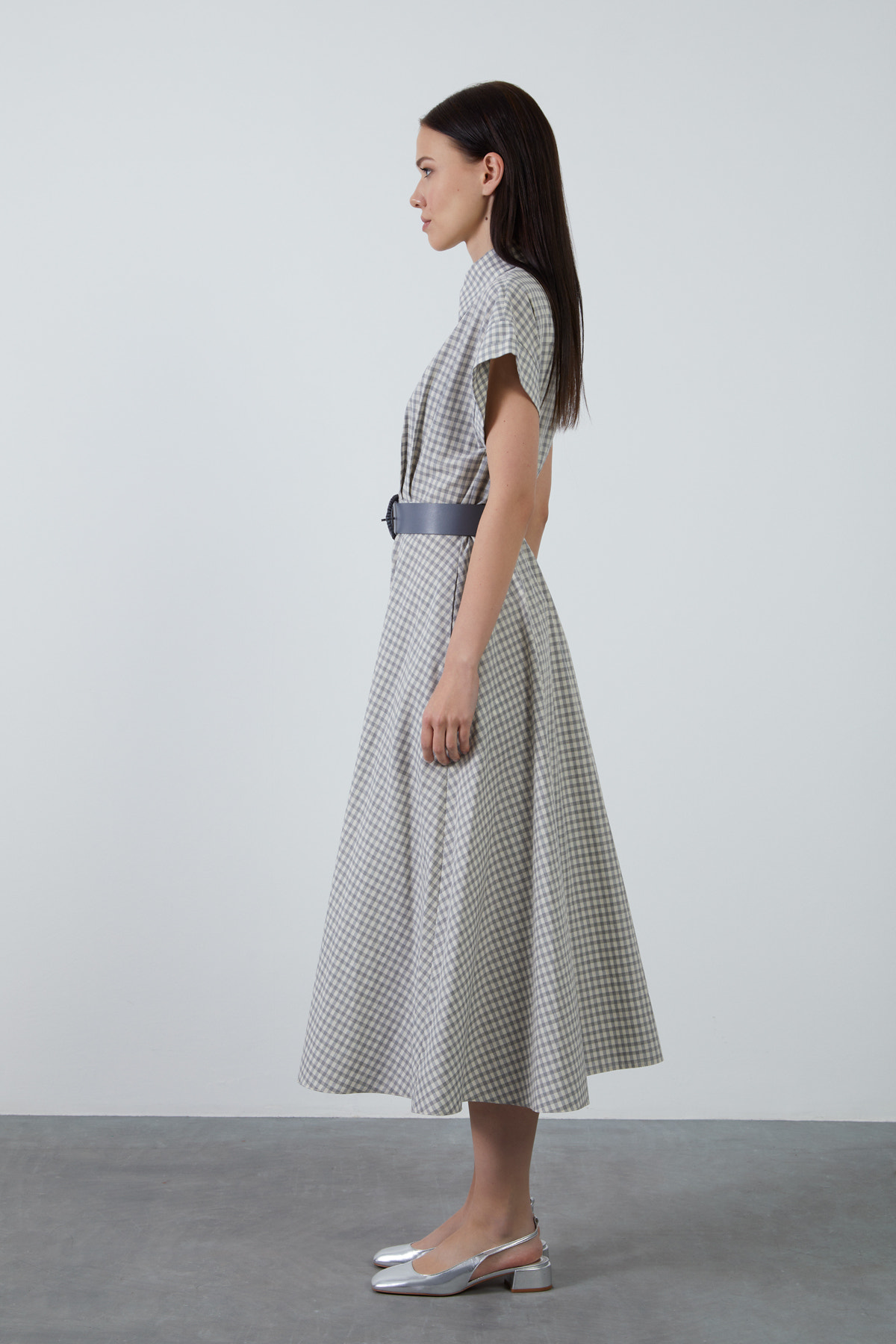 Potikare Maxi Gömlek Yakalı Kısa Kollu Midi Elbise