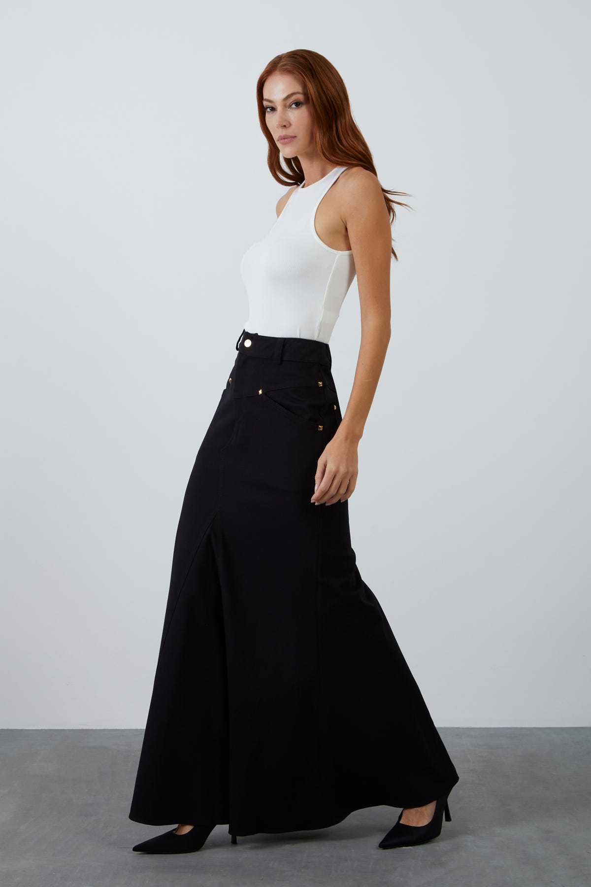 Pelerinli Cepli Detaylı Uzun Etek