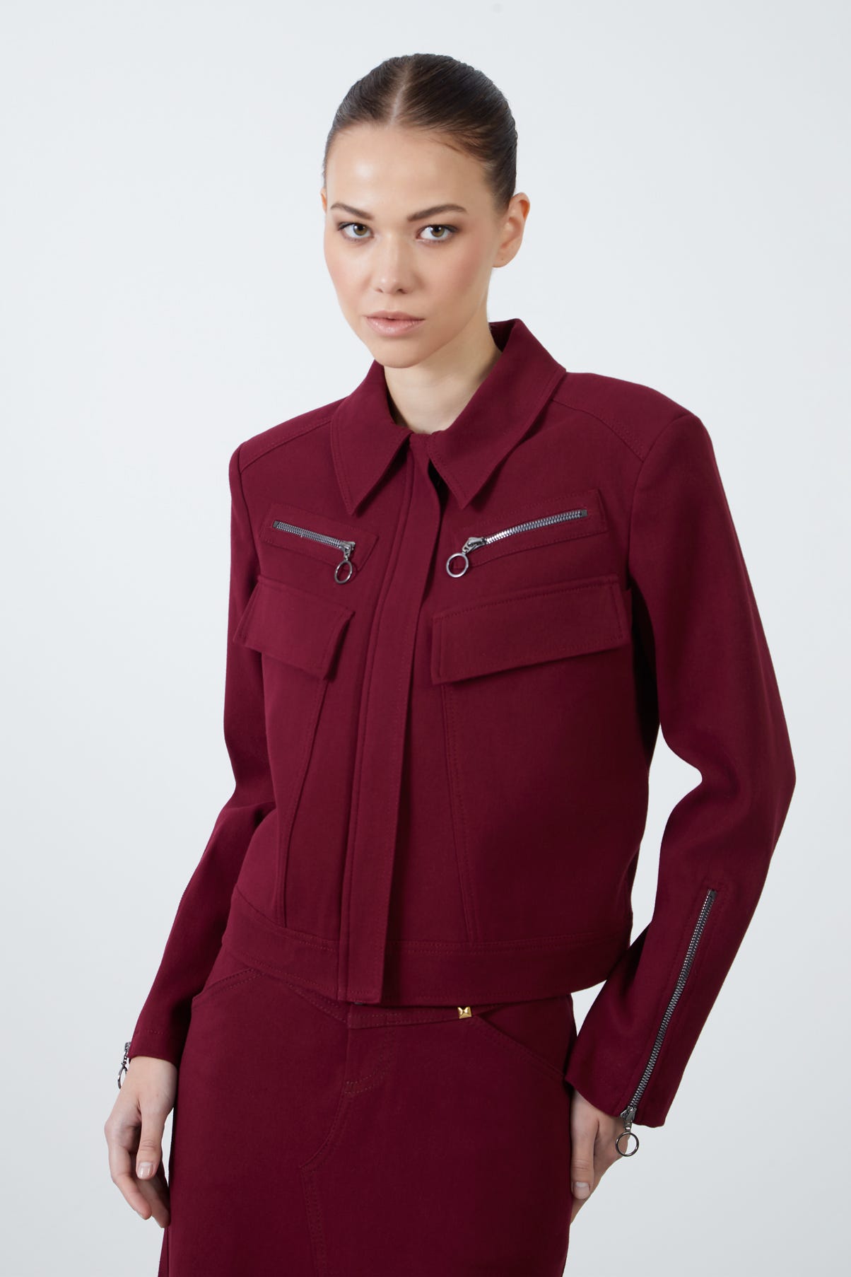 Cep Ve Fermuar Detaylı Bordo Spor Ceket