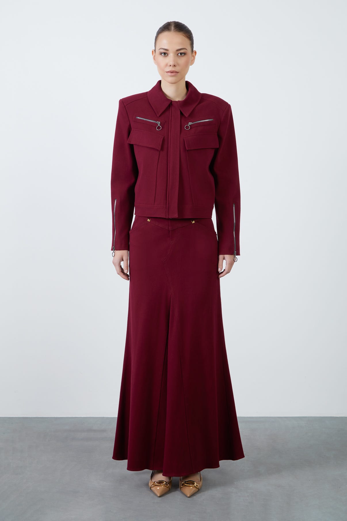 Cep Ve Fermuar Detaylı Bordo Spor Ceket